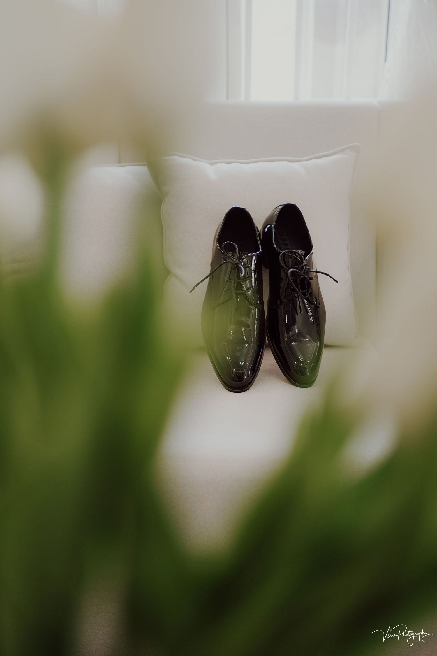 A pair of formal black leather dress shoes displayed against a white background with blurred green foliage in the foreground.