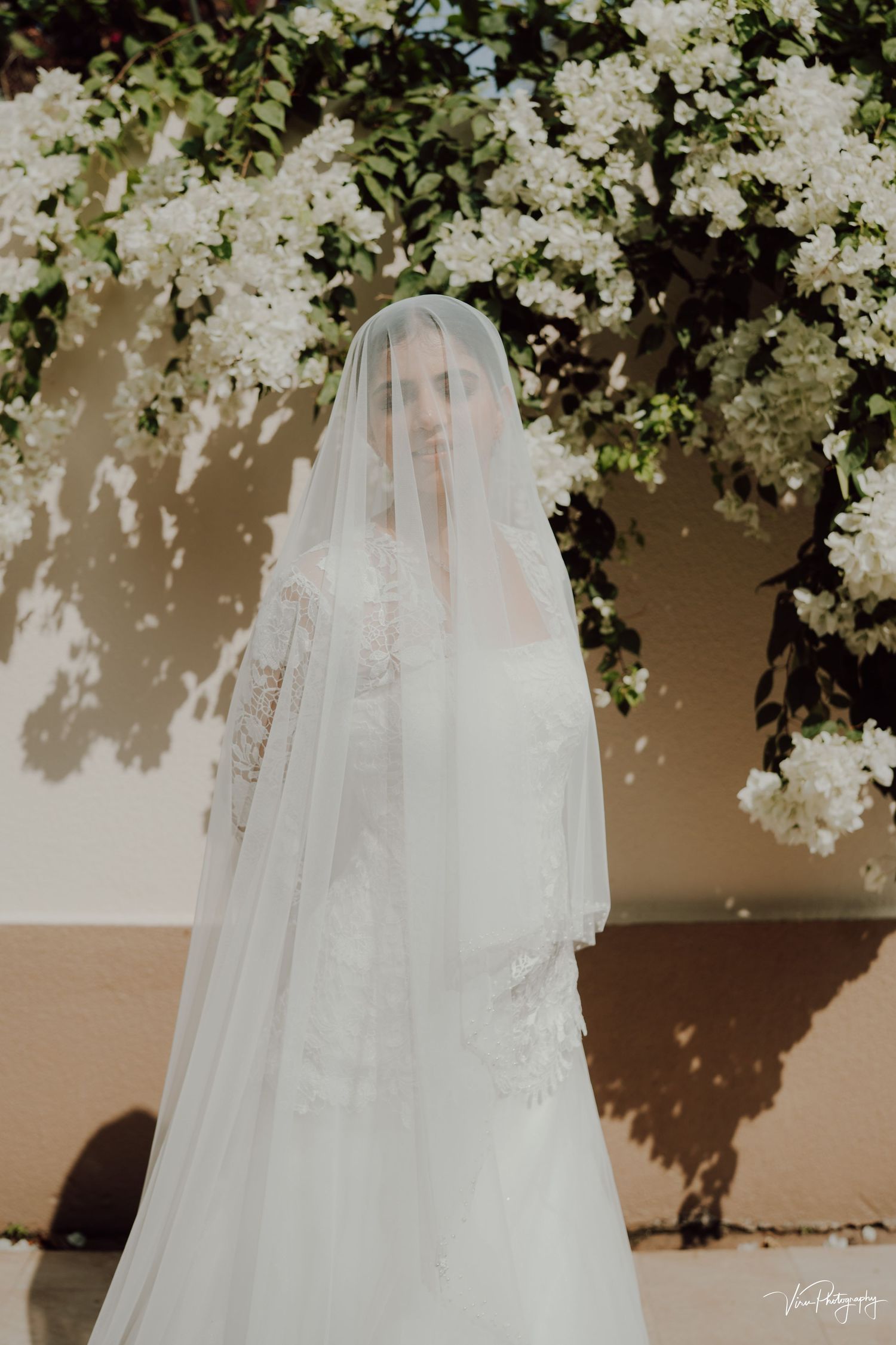 A bride wearing an elegant white veil stands beneath blooming white flowers against a beige wall in dappled sunlight.