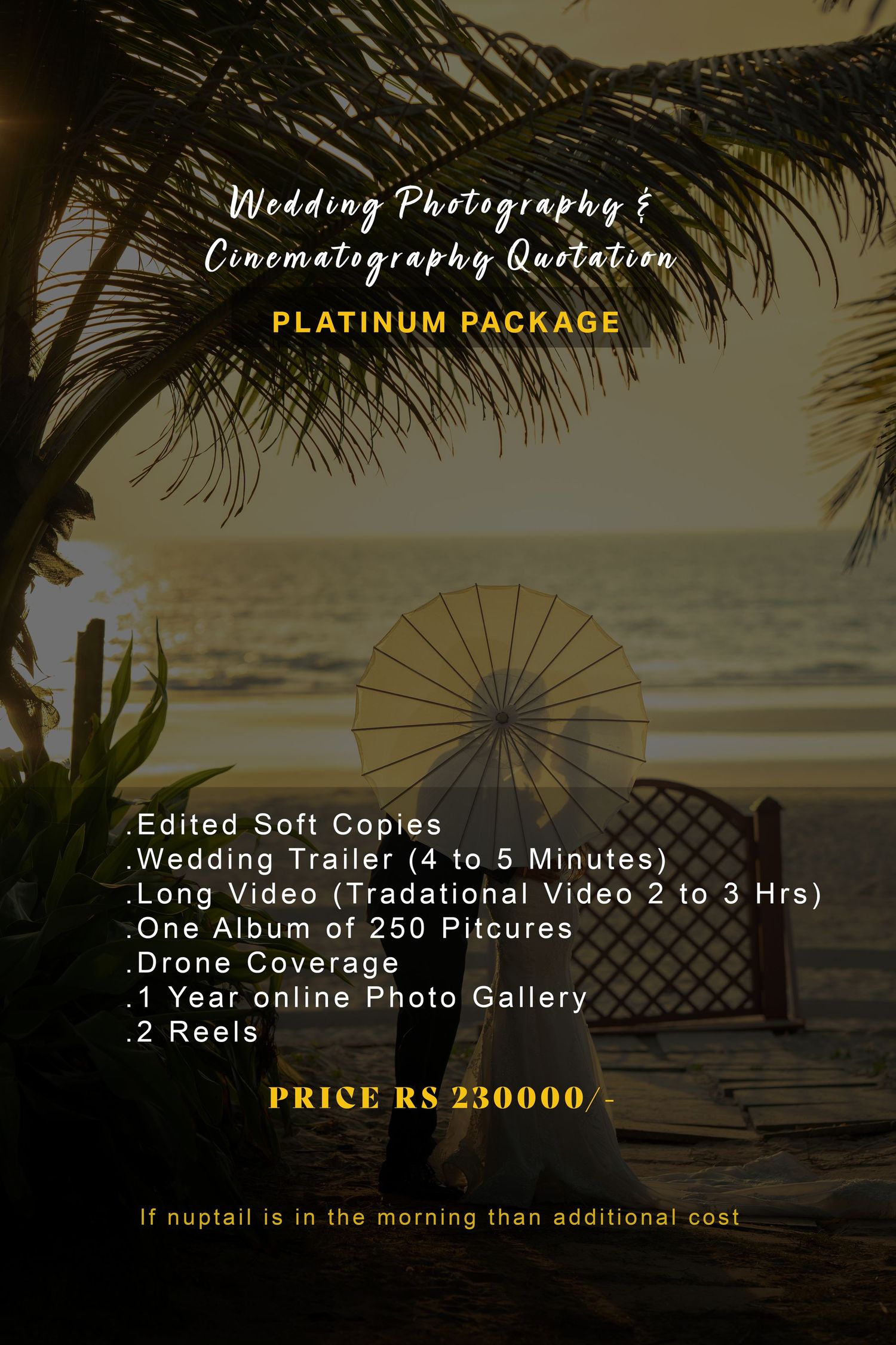 Wedding photography platinum package quotation card with beach sunset backdrop, priced at RS 230000, including drone coverage and reels.