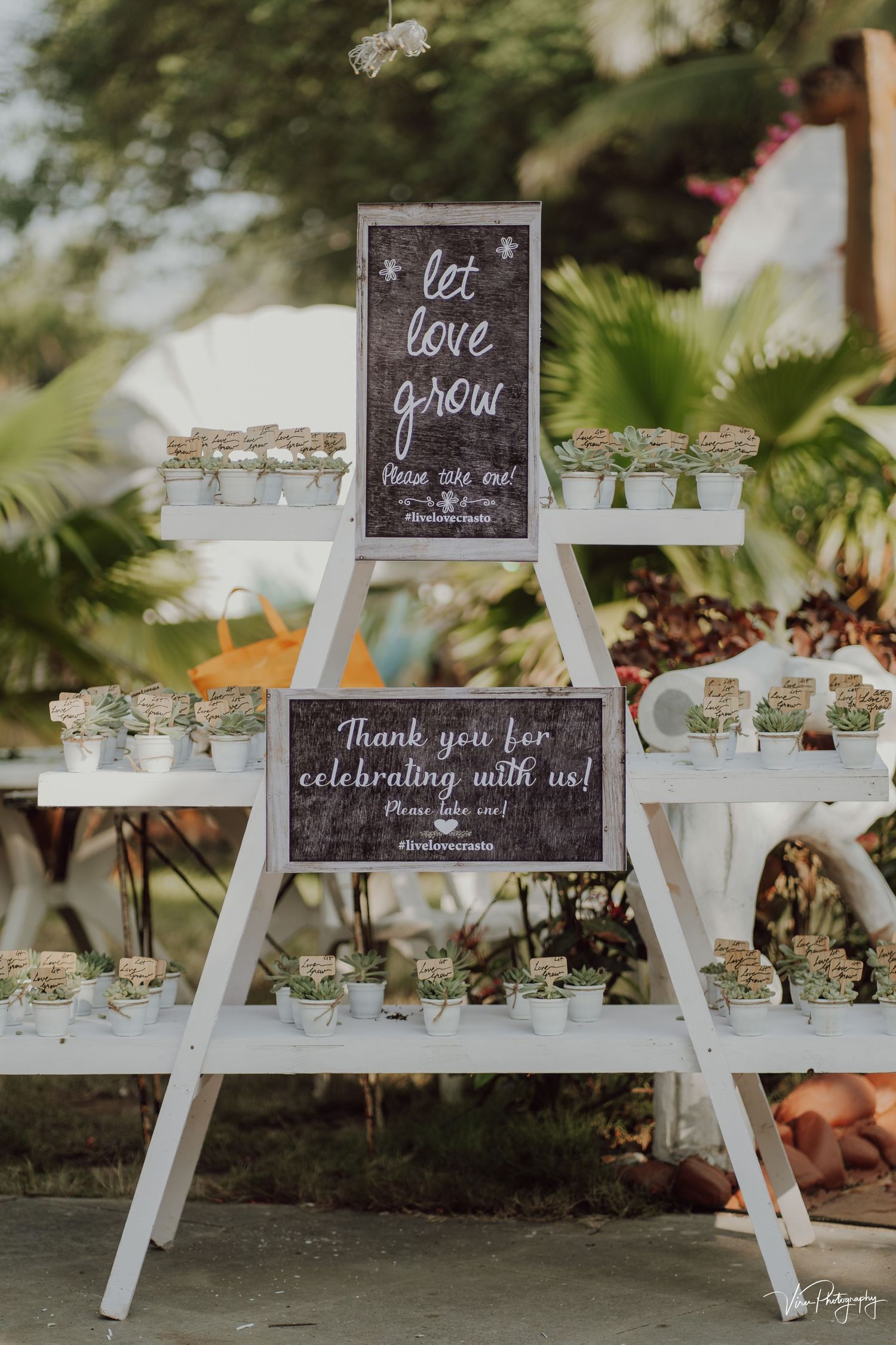White ladder shelf display with chalkboard signs and mason jar favors at a rustic outdoor wedding celebration.