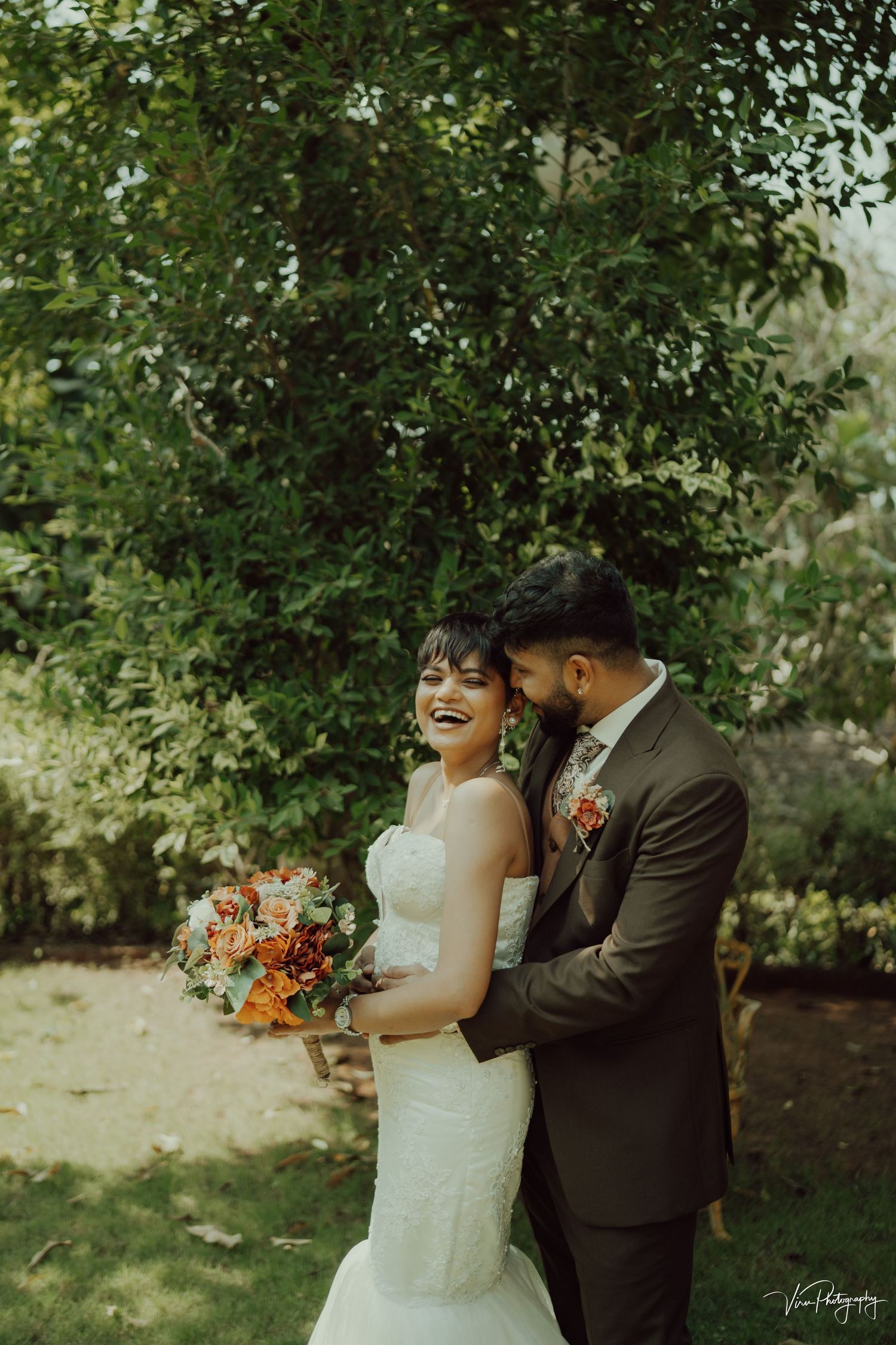 A romantic outdoor wedding moment captured in a series of intimate photos showing the couple amidst greenery.