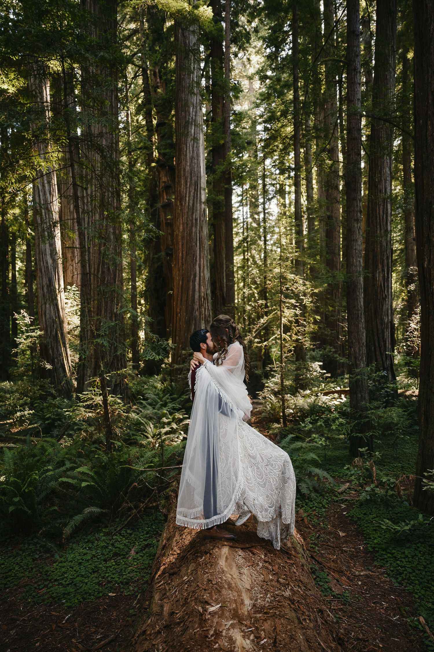 A couple in wedding attire poses on a large tree stump surrounded by towering redwood trees in a forest.