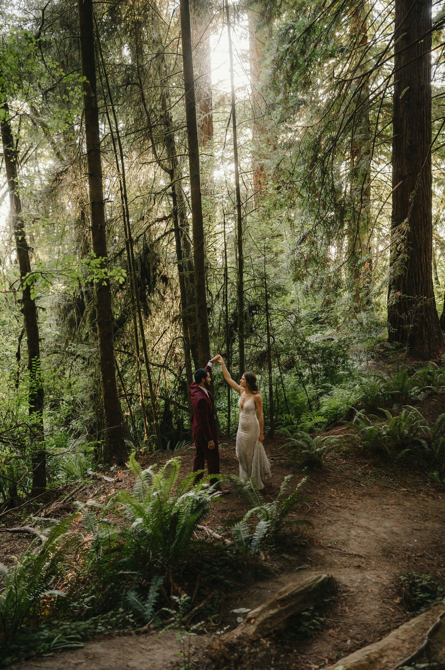 Ethereal forest wedding photos with sunbeams streaming through tall evergreen trees.