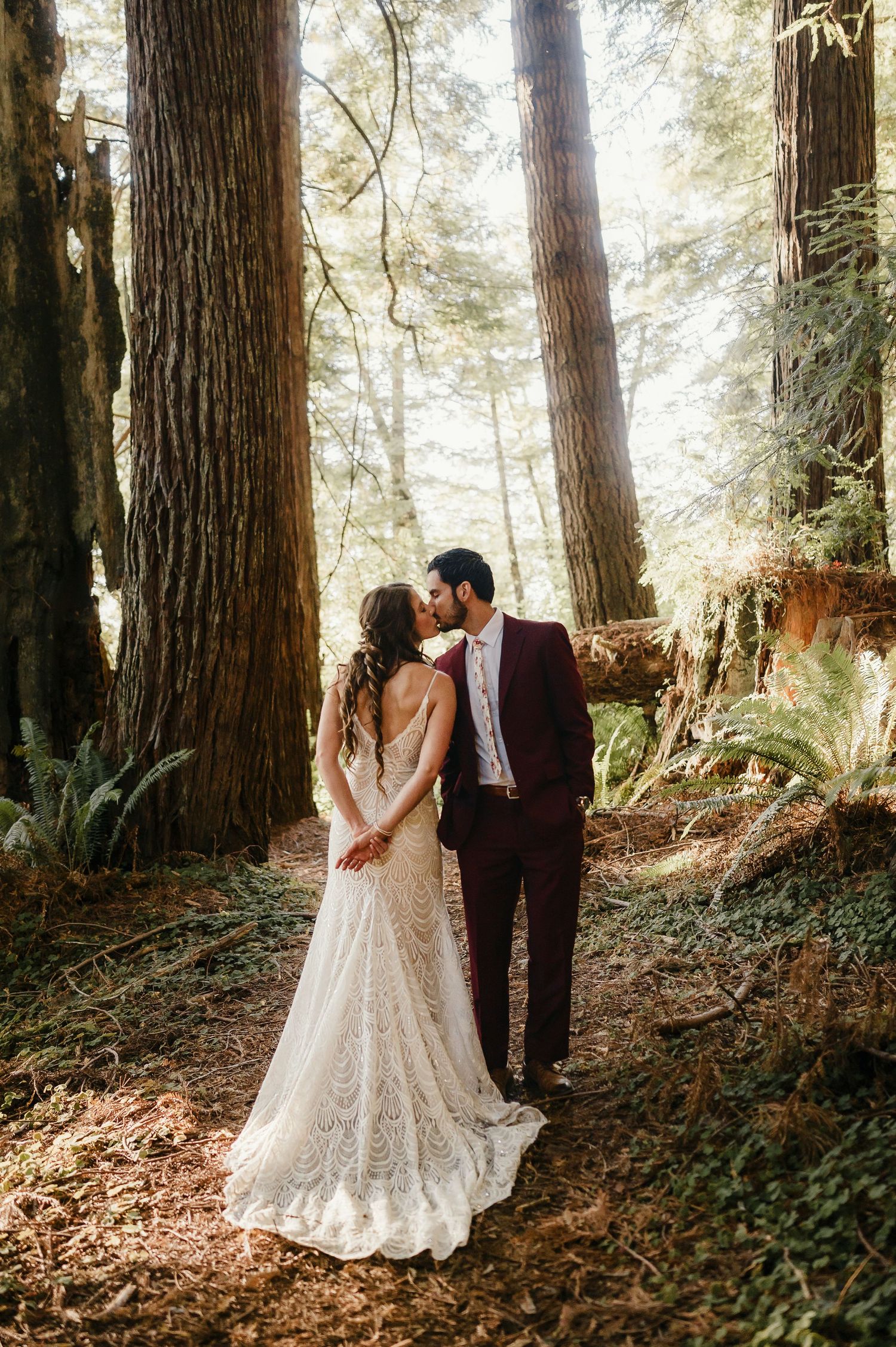 Intimate wedding portrait among majestic redwood trees in a sunlit forest setting.