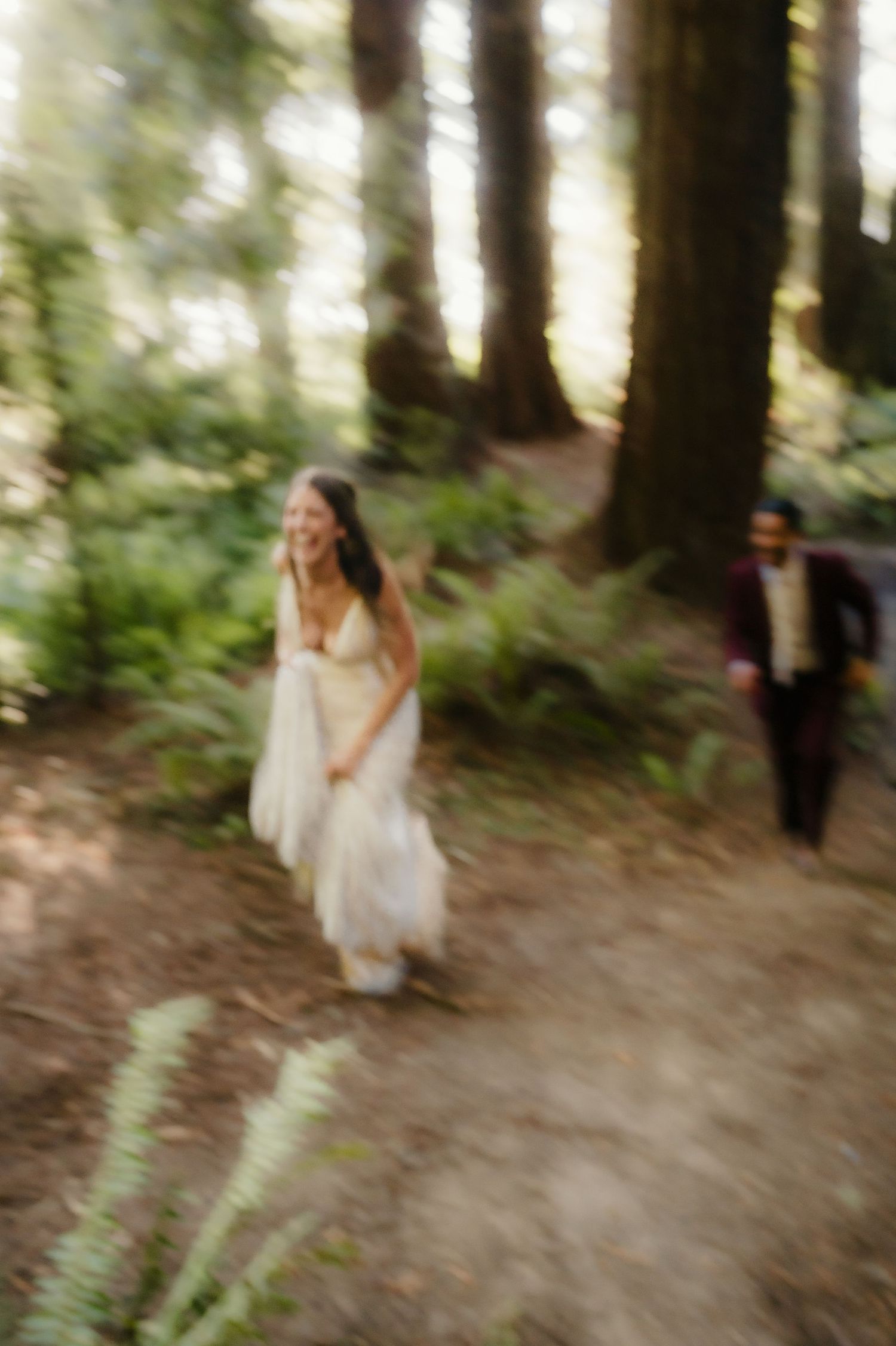 Blurred motion captures movement through a misty forest path with soft natural lighting filtering through trees.