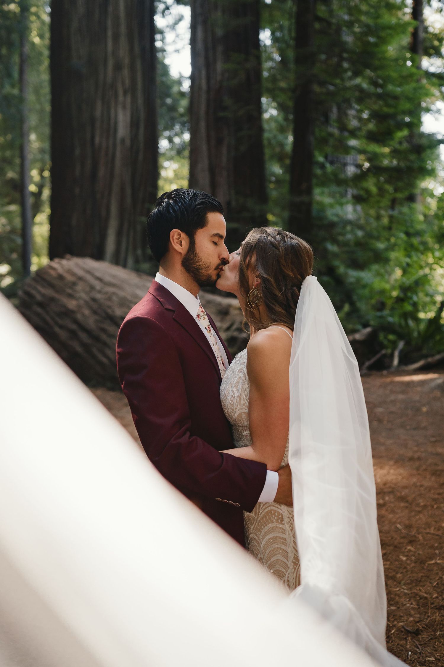 Couple shares an intimate kiss surrounded by majestic redwood trees during their wedding ceremony.