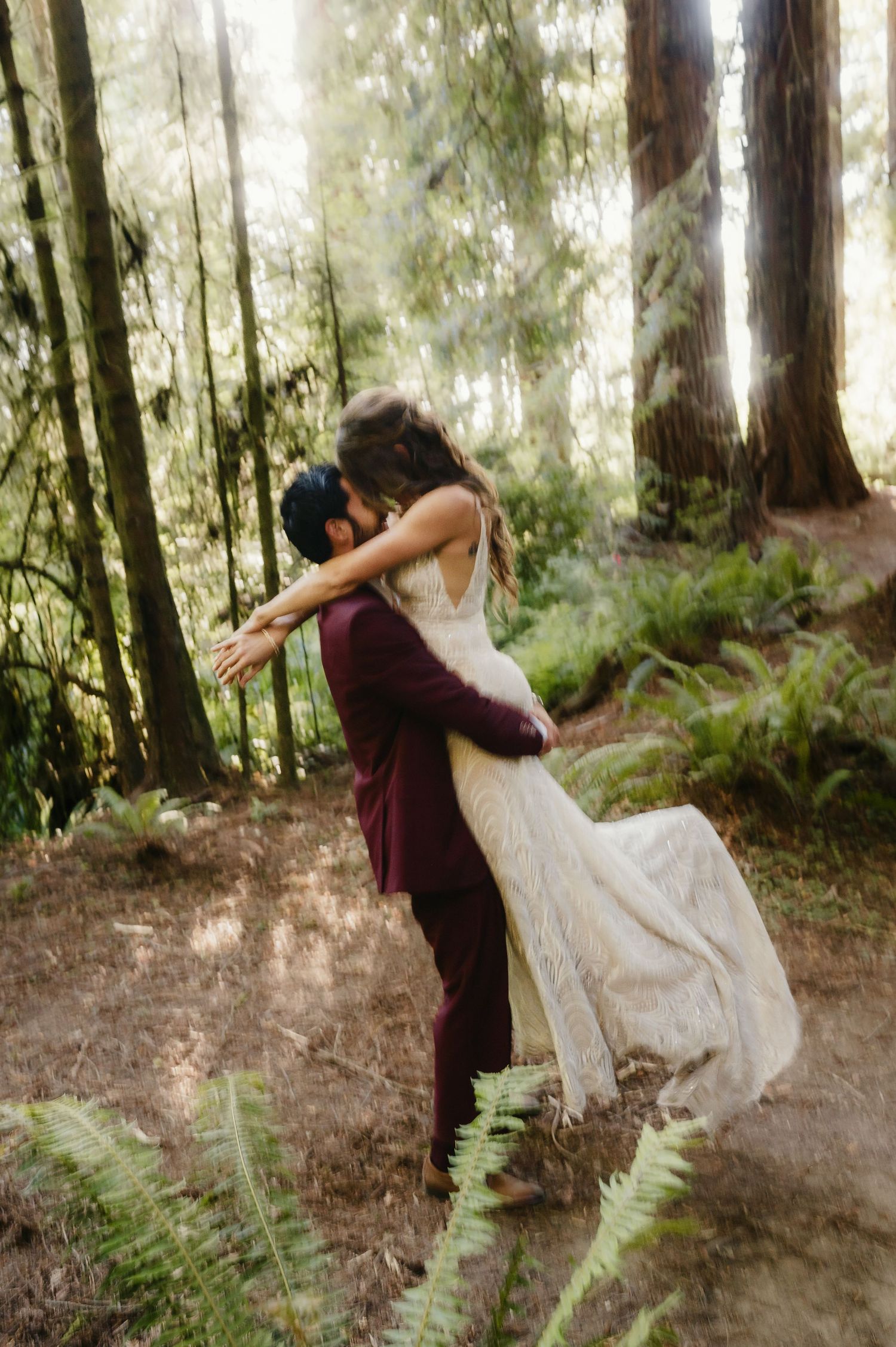 A romantic photoshoot sequence showing twirling movement against a misty forest backdrop.