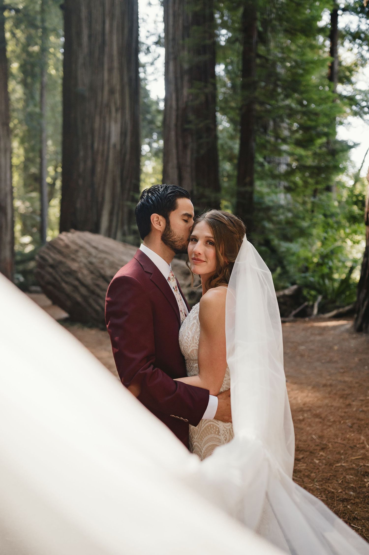 A romantic wedding couple shares an intimate moment among tall redwood trees in a forest setting.