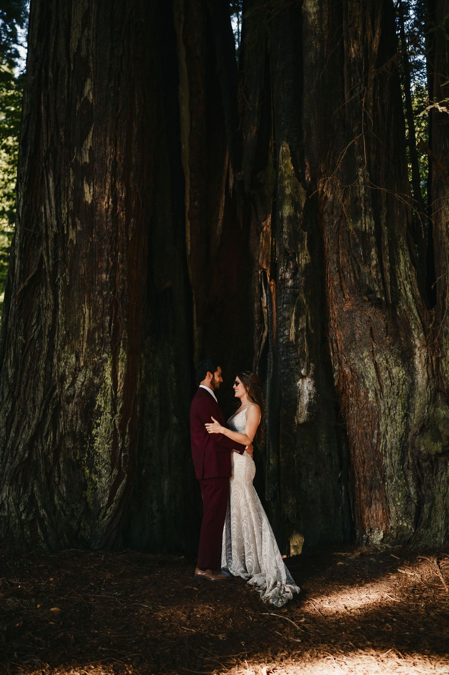 Newlyweds embrace in a sunlit redwood forest, creating a magical wedding moment among towering tree trunks.
