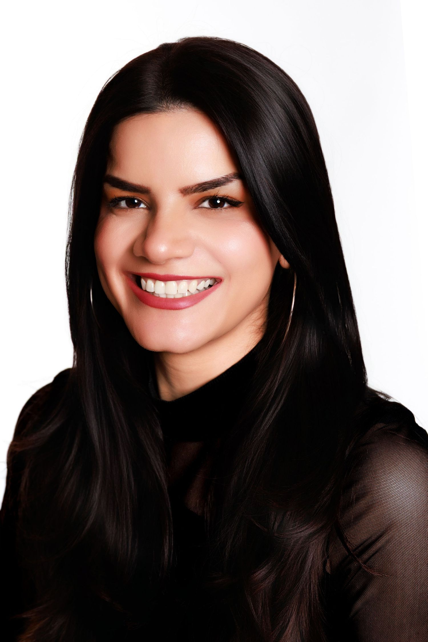 A series of five close-up portraits showing bright smiles and dark hair against a white background.