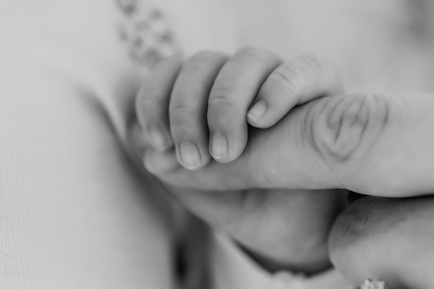 A small baby's hand gently grasps an adult's finger in a tender black and white close-up photograph.