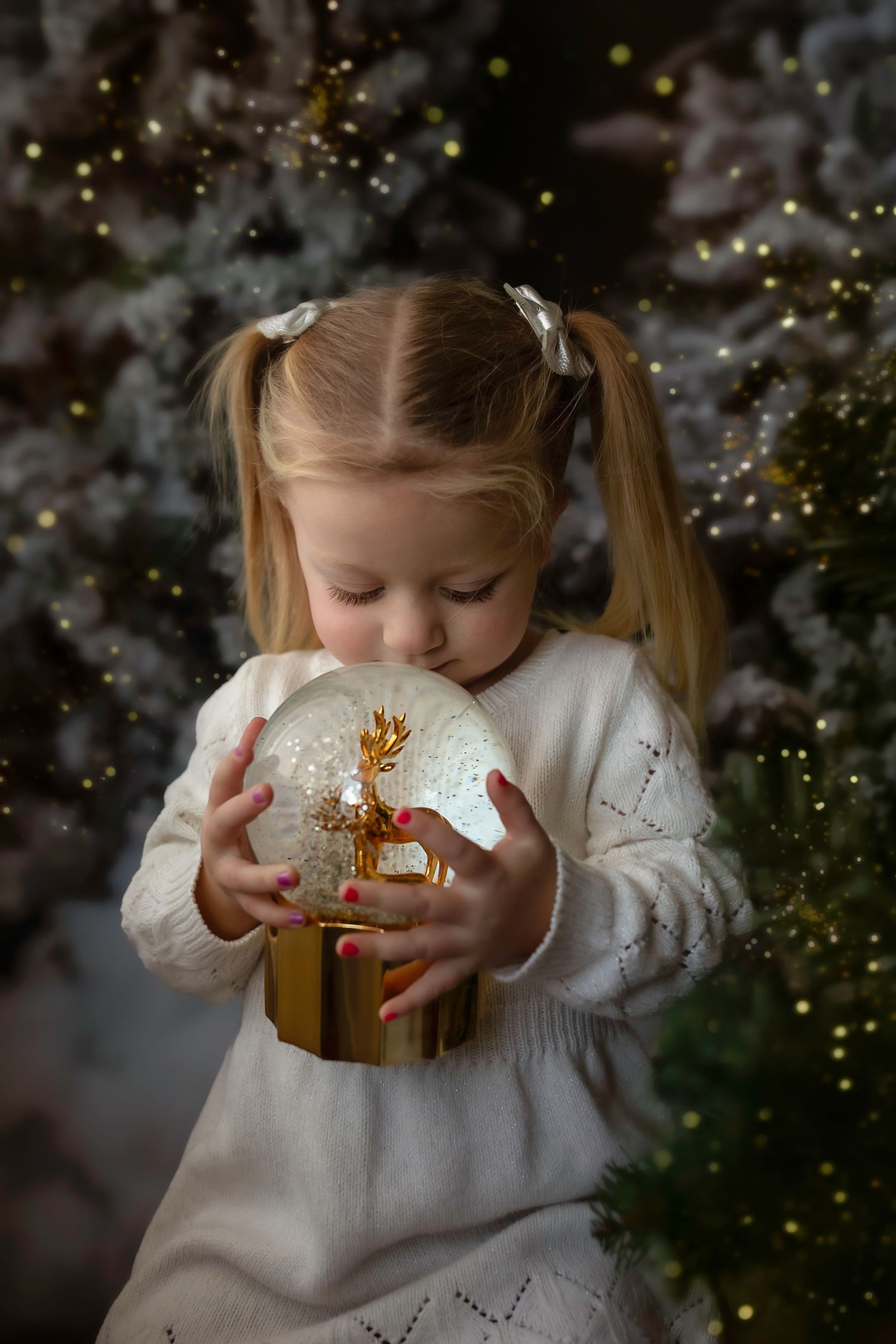 Child in white sweater dress holding snow globe with magical Christmas lights in background.