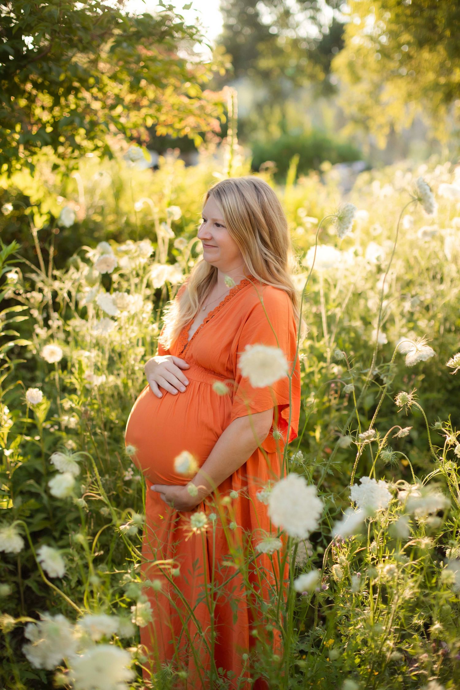 Pregnant woman in orange dress holding belly among white wildflowers in golden sunlight.