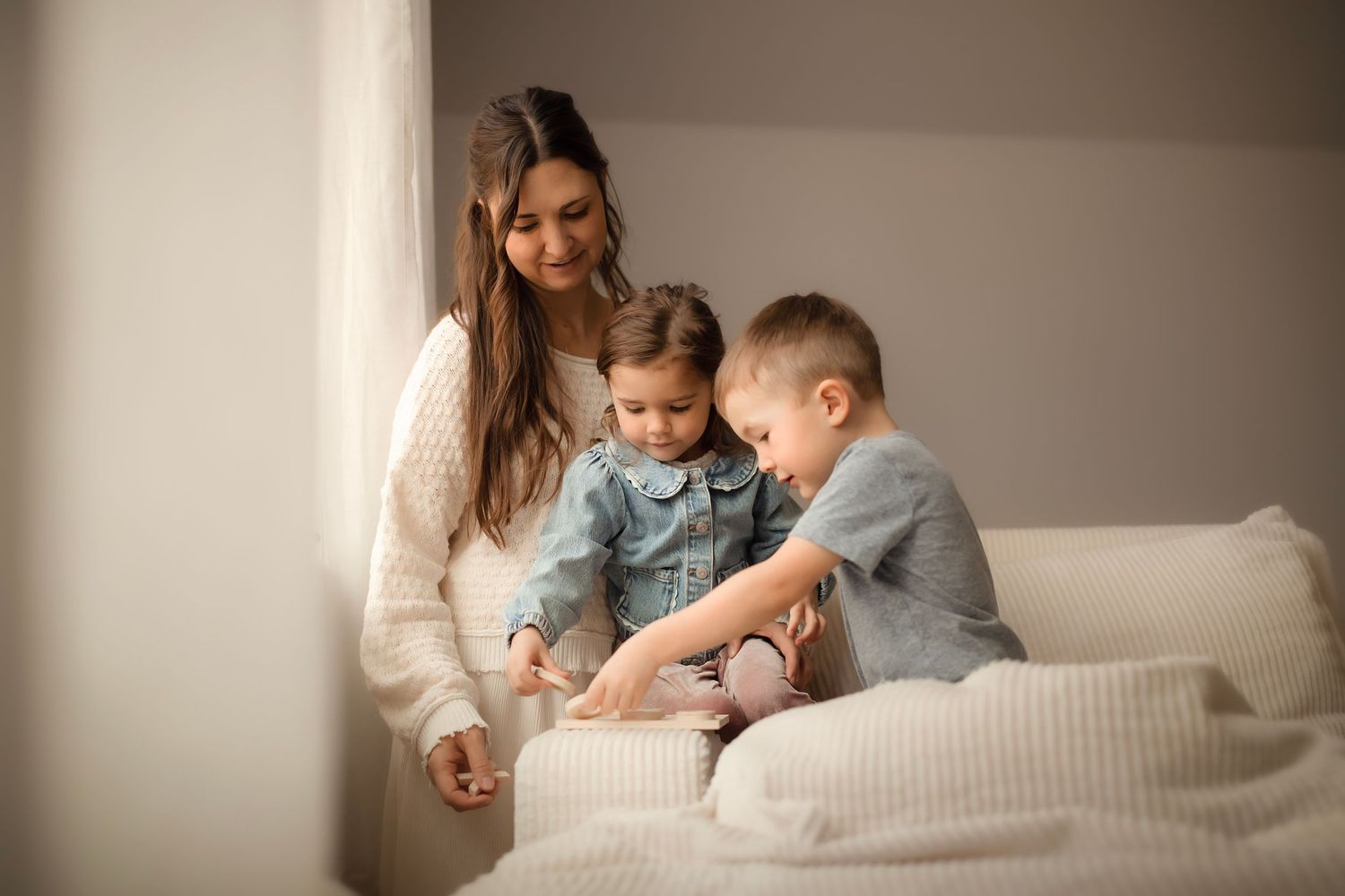 A collage of family moments showing tender interactions between parents and children in a cozy home setting.