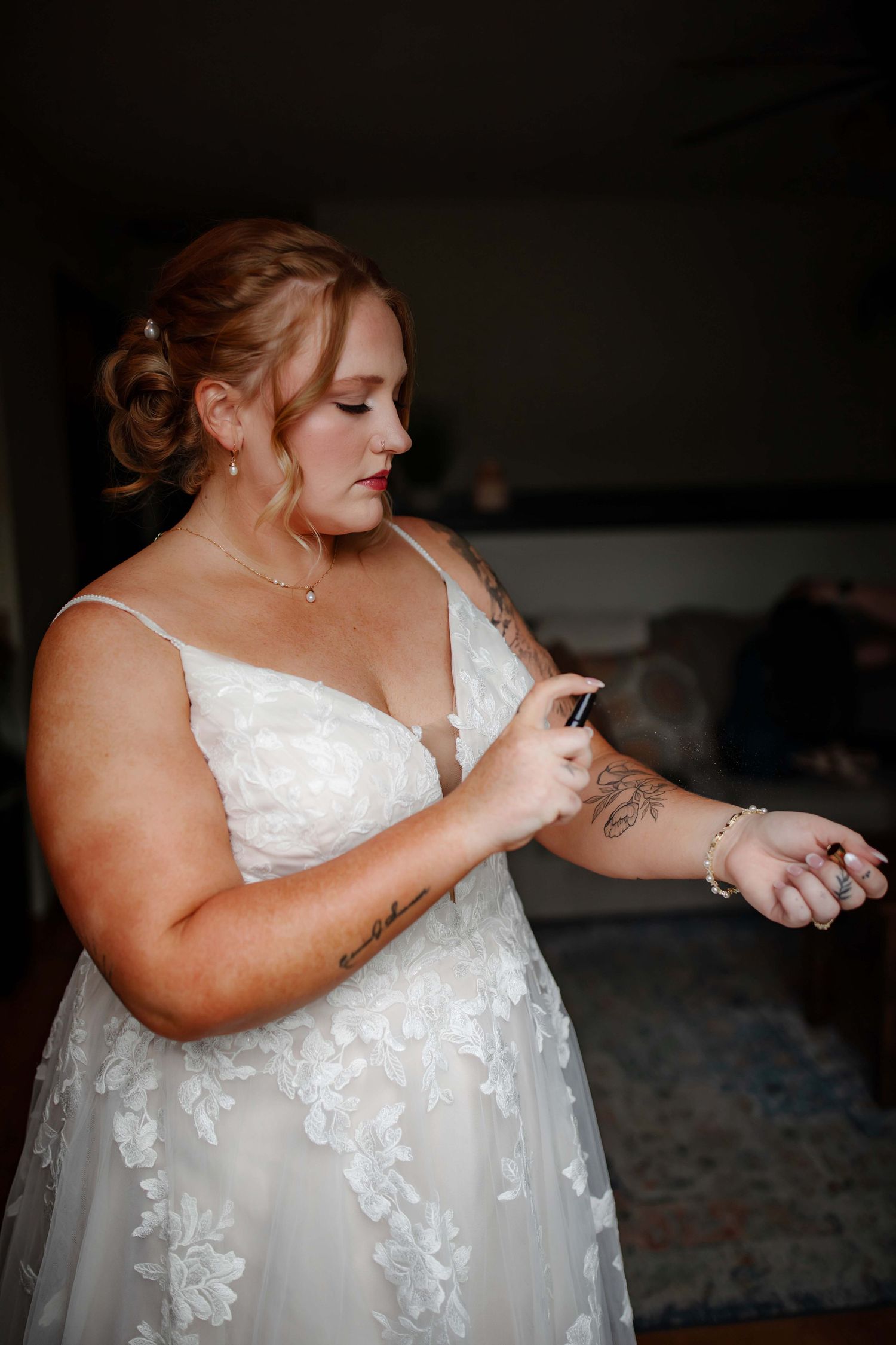 A sequence showing a person in a white lace wedding dress checking their phone in a dimly lit room.