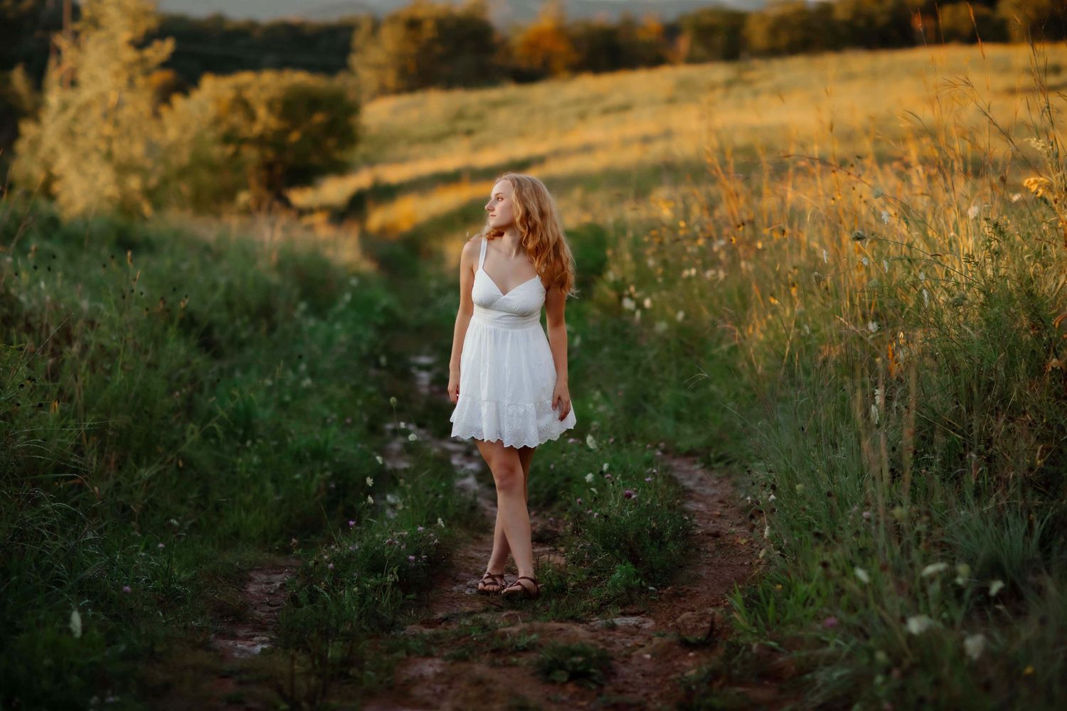 A white dress stands out against a golden field at sunset on a dirt path.