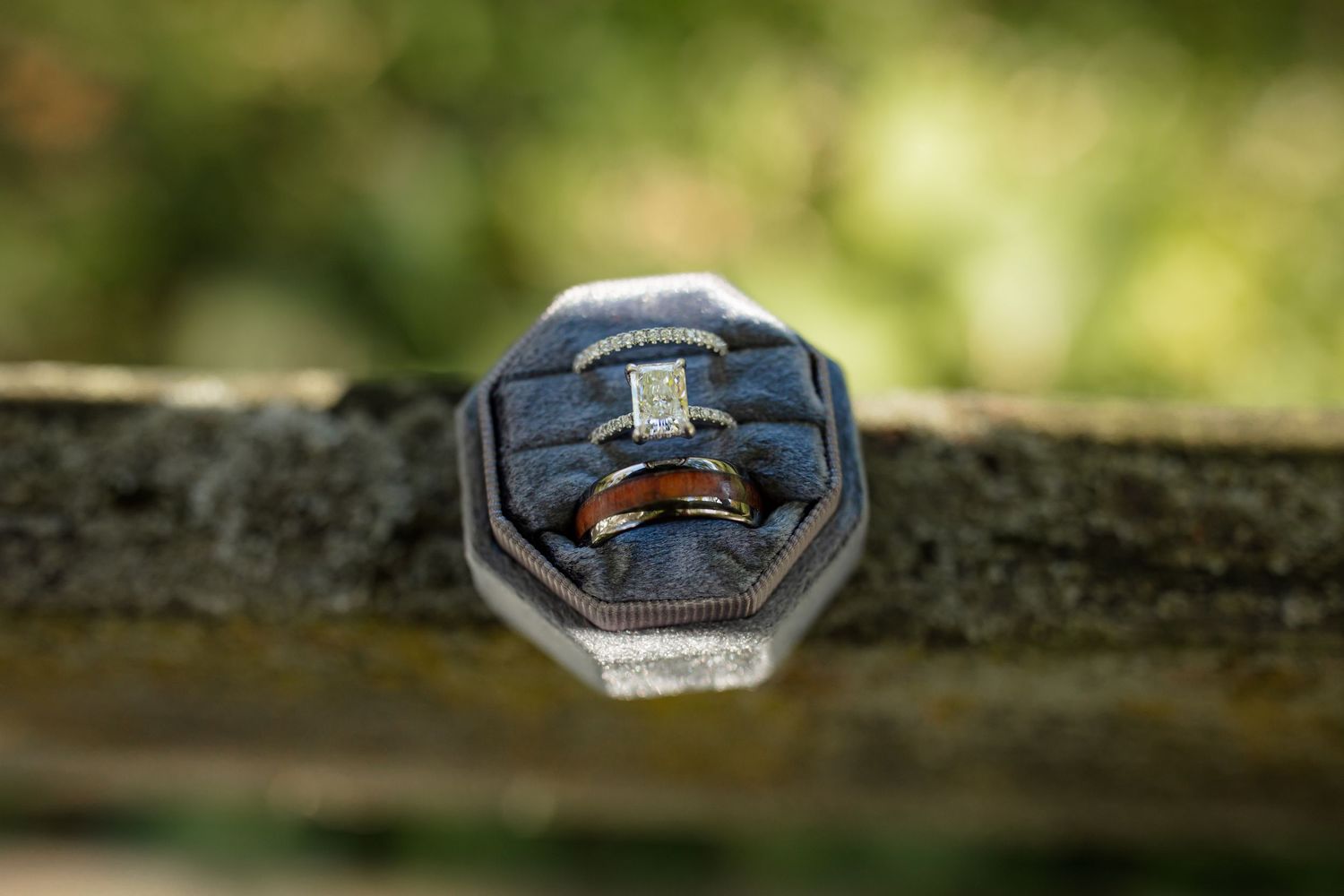 Wedding rings displayed on a rustic wooden surface in natural outdoor lighting.