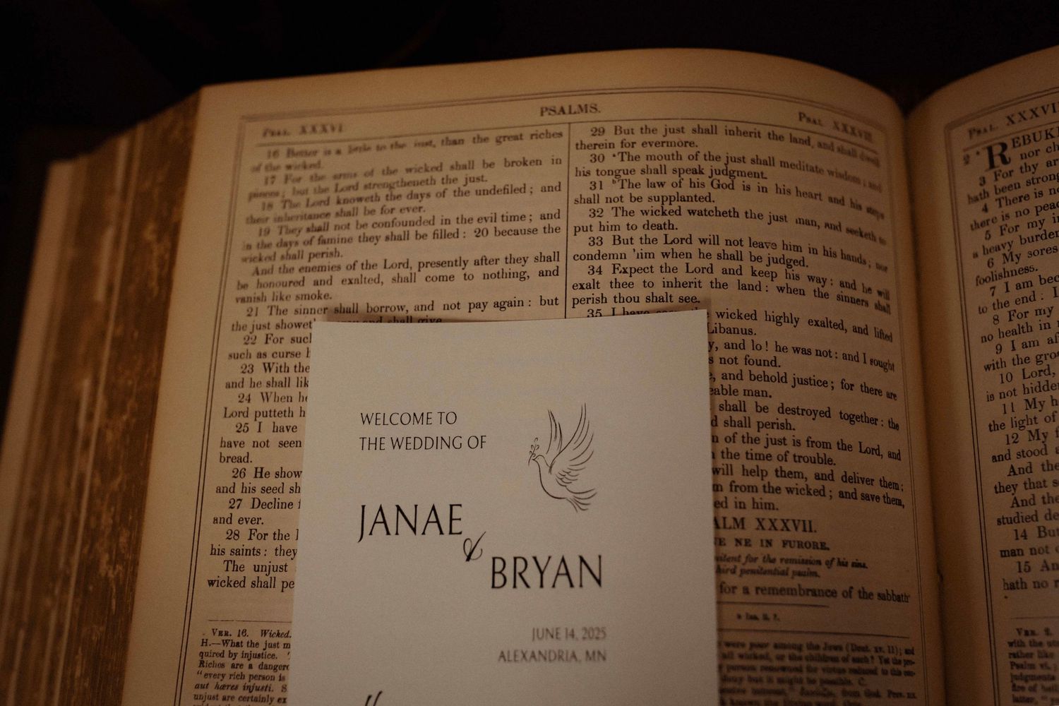 Open Bible pages showing wedding ceremony text and names in elegant typography.