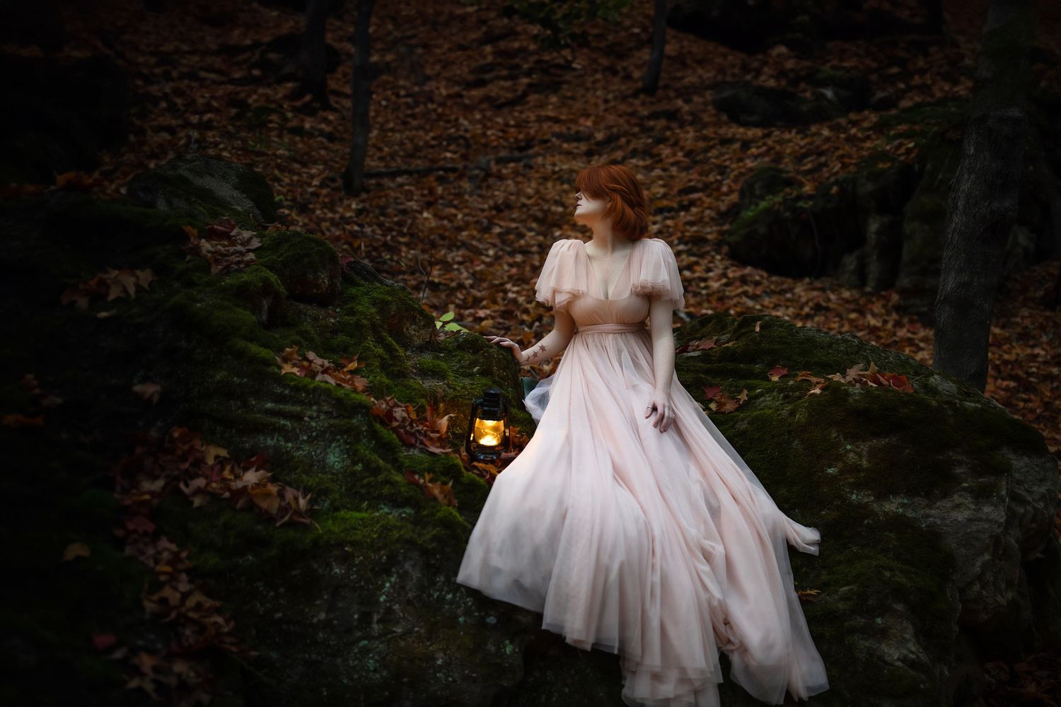 A whimsical scene of a pink gown in a moody forest setting with a glowing lantern.