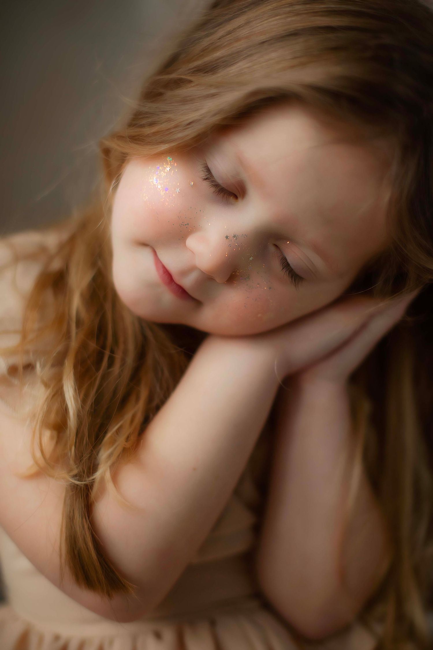 Dreamy portrait series showing gentle expressions and closed eyes in muted tones.