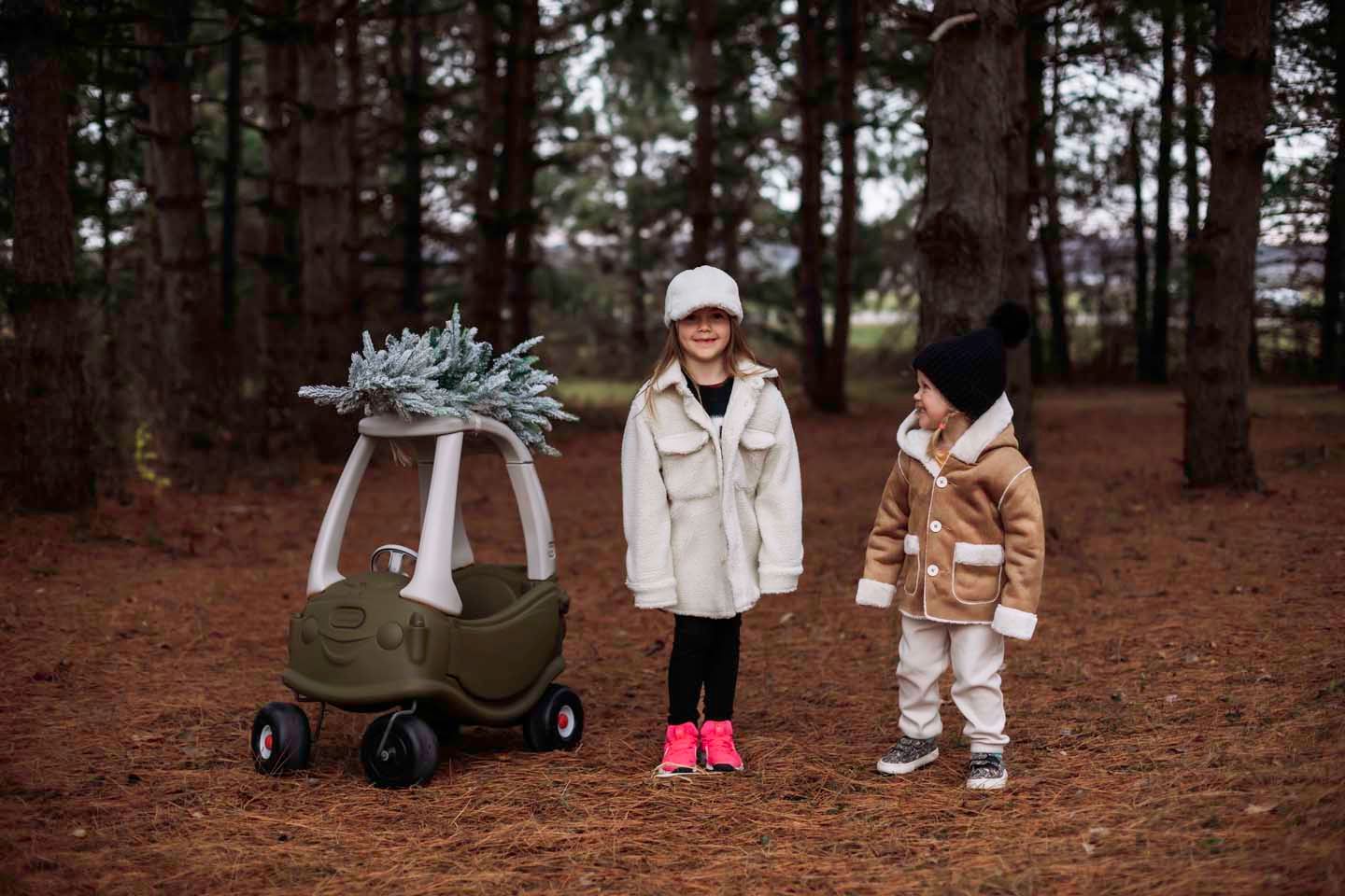 Two people standing with toy car and Christmas tree in pine forest.