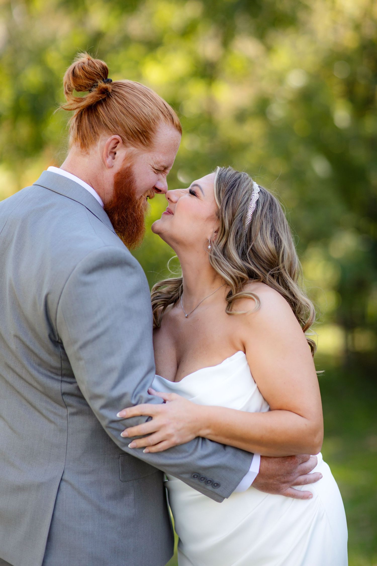 A romantic wedding photo sequence shows a couple in grey suit and white dress embracing outdoors in natural lighting.