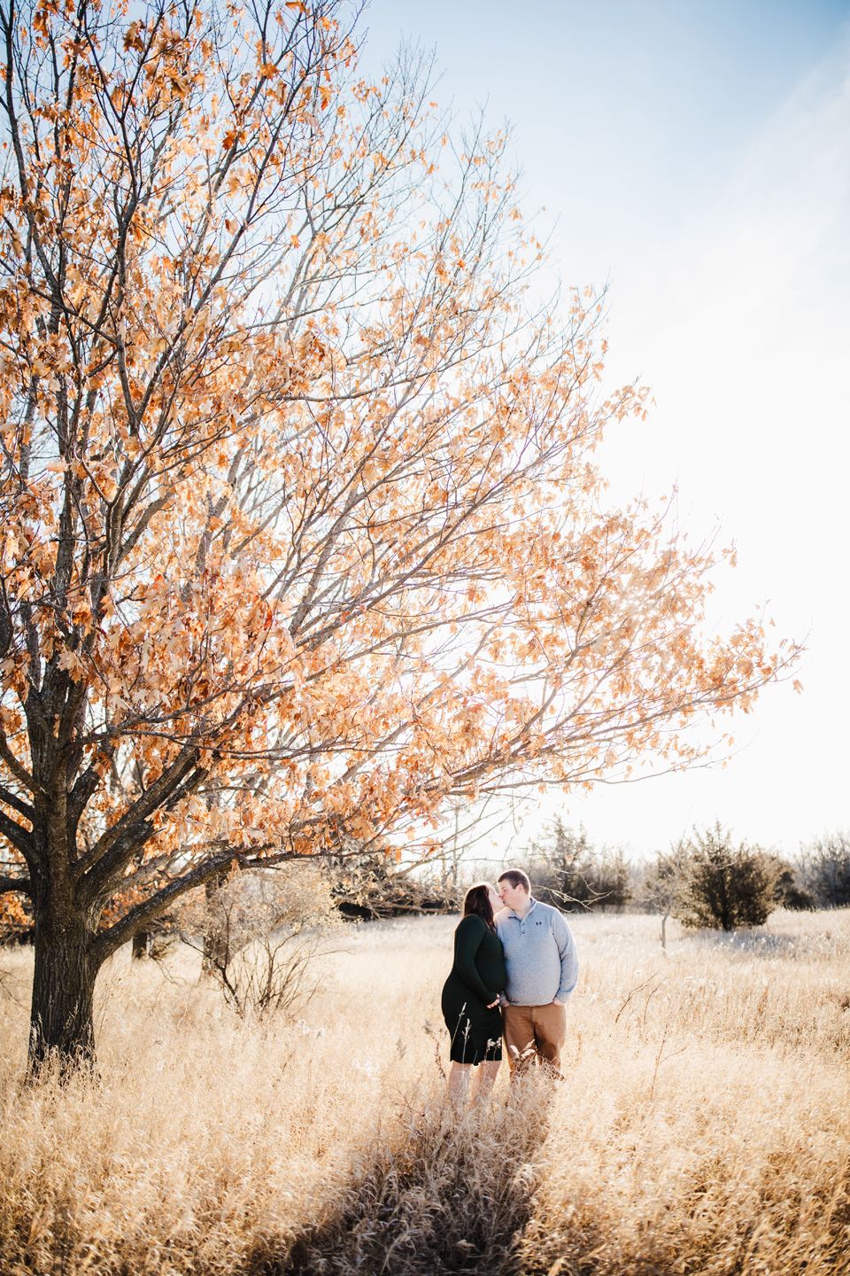 A couple stands together under an autumn tree in a golden field of tall grass during sunset.