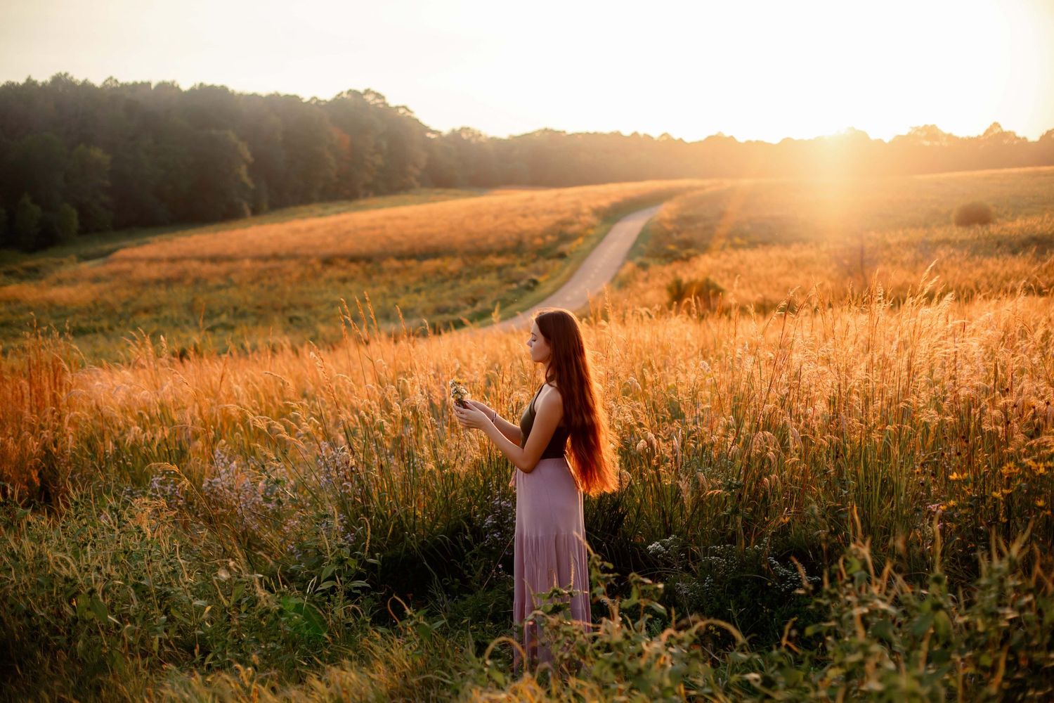 Silhouette in mauve dress standing in golden wheat field at sunset.