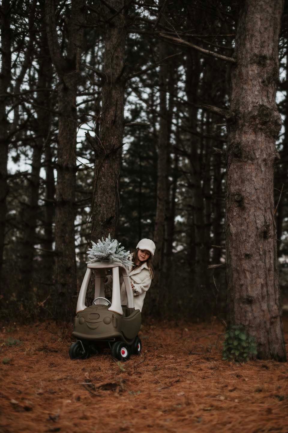 Person pushing toy car with holiday decorations through wooded forest path.