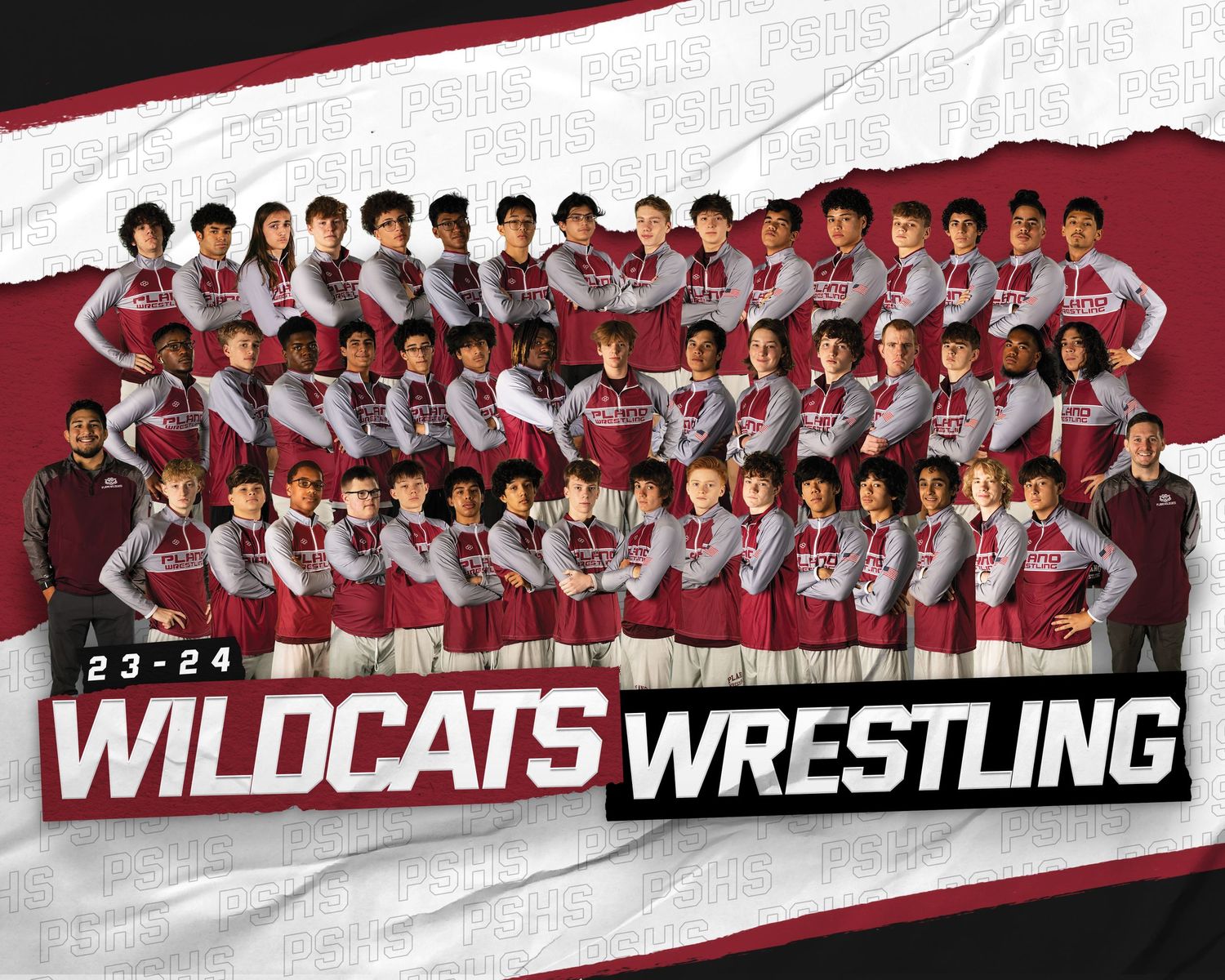 A large group of Wildcats wrestling team members wearing red and gray uniforms pose for a team photo.