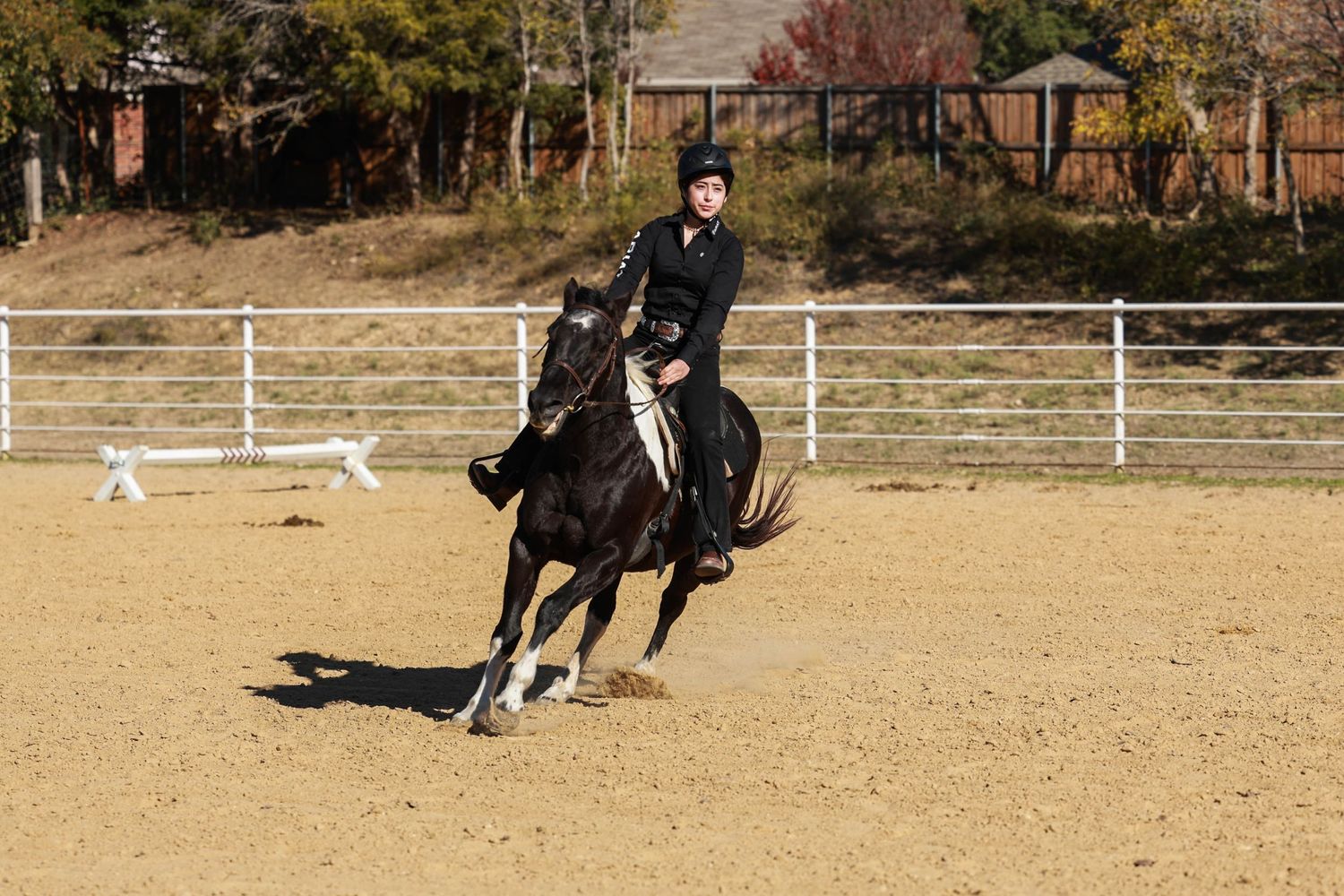 Equestrian rides a black horse through a sandy arena during training.