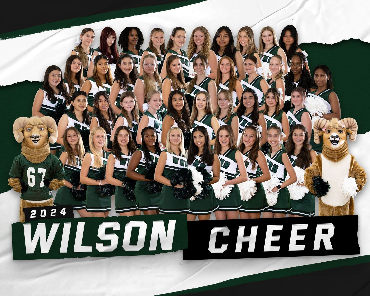 Large cheerleading squad poses for team photo with mascots.