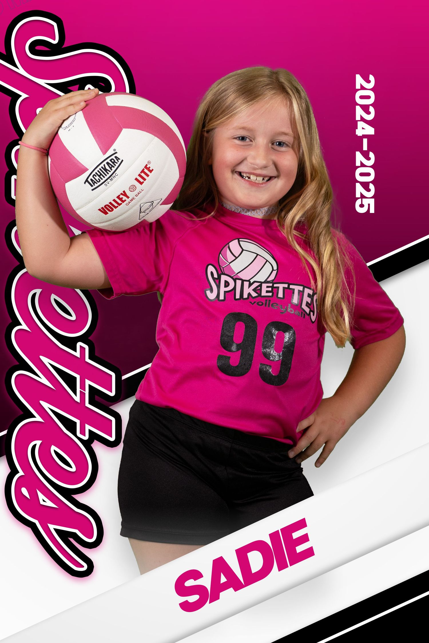 Youth volleyball player in pink Spikette jersey number 99 poses with white volleyball against magenta background.