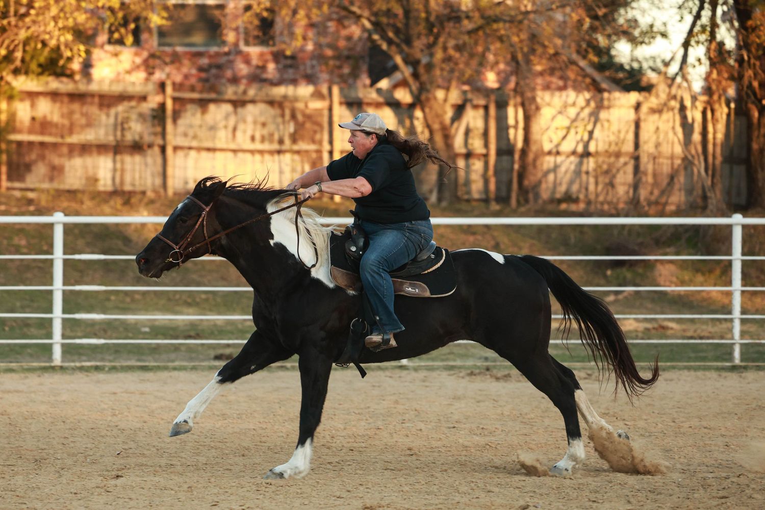 Black and white horse galloping in western riding arena during sunset practice.