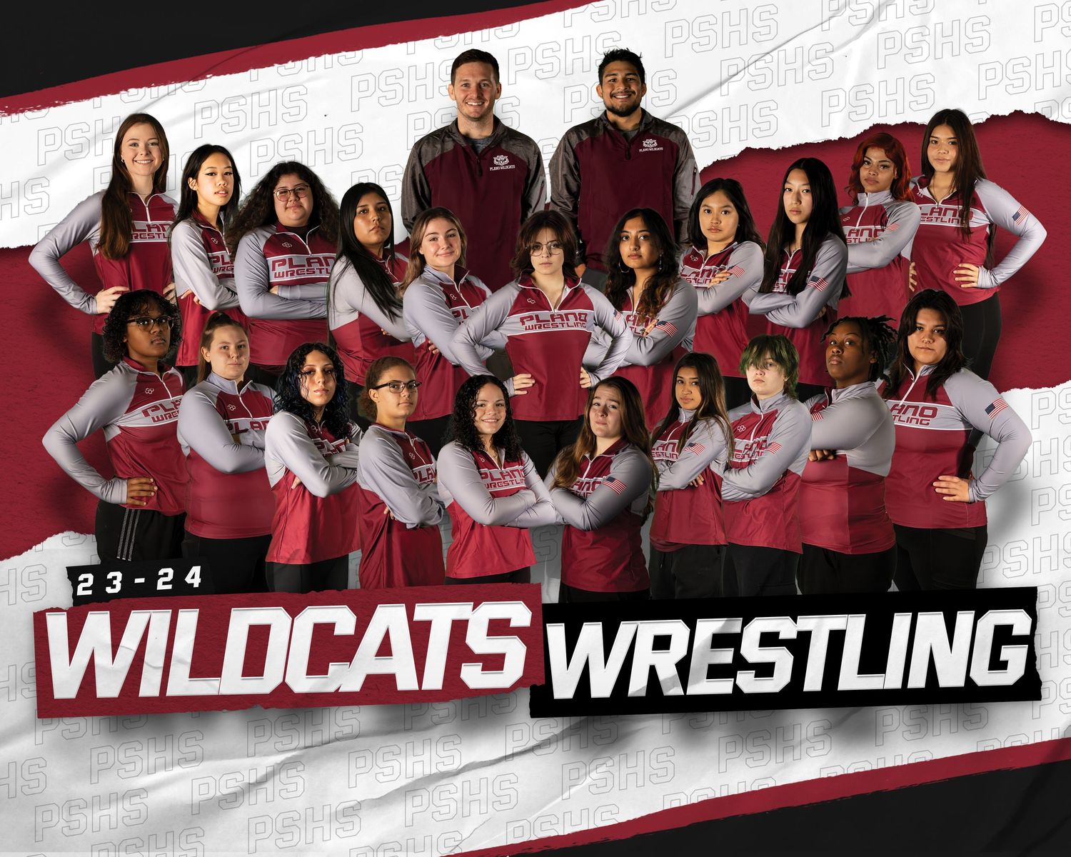 A women's wrestling team posing together in red and gray Wildcats uniforms for their team photo.