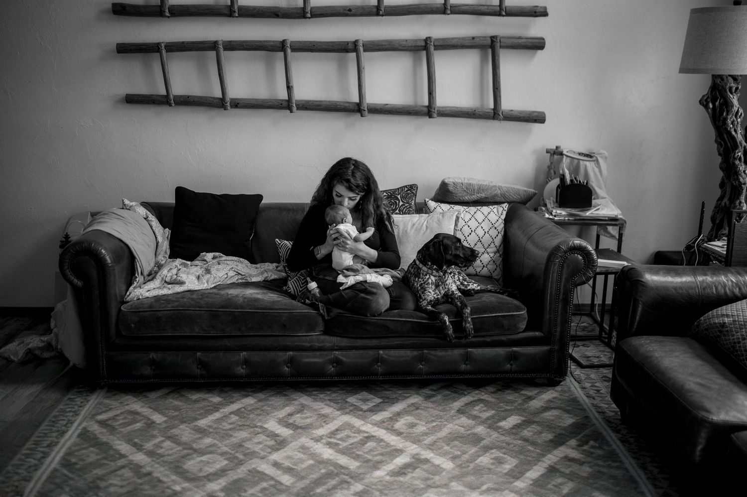 A cozy indoor scene of someone reading on a dark sofa with pets.