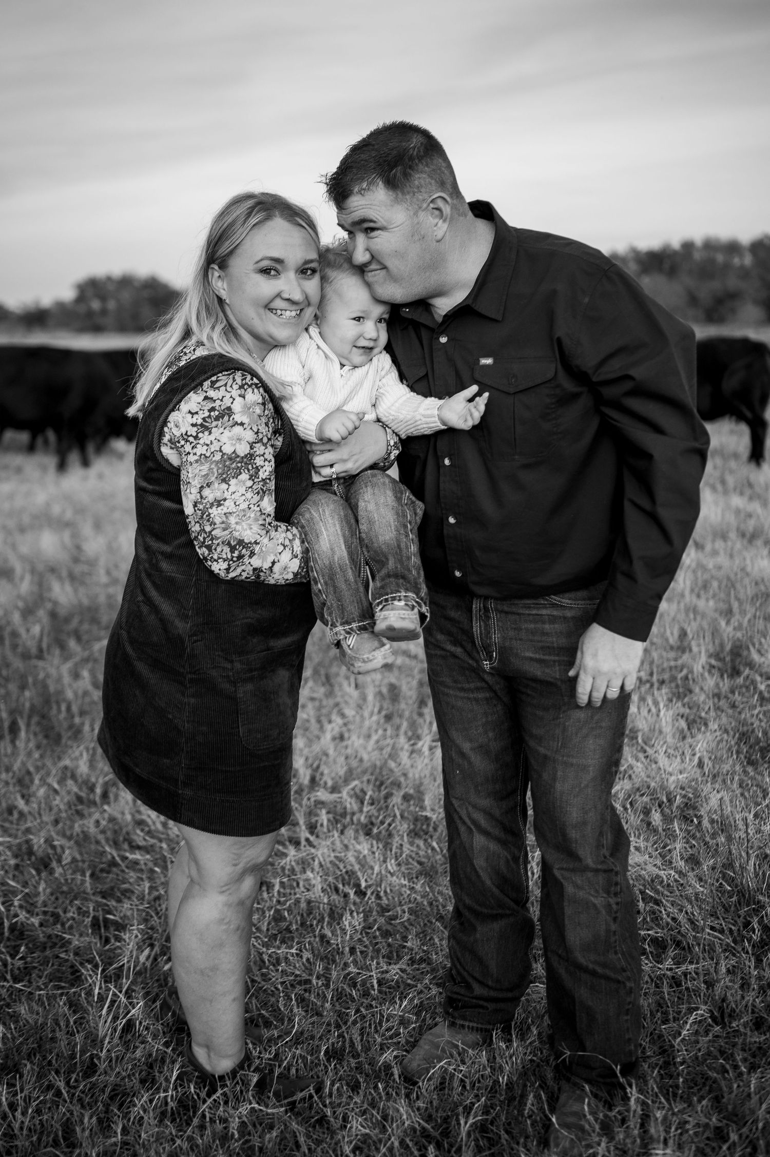 Black and white family portrait of parents holding their smiling baby in a pasture with cattle behind them.