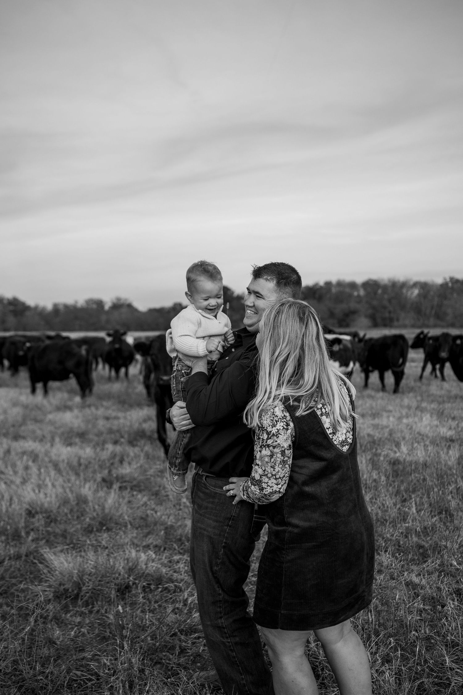 Black and white photo of a couple holding their baby in a field with cattle grazing in the background.