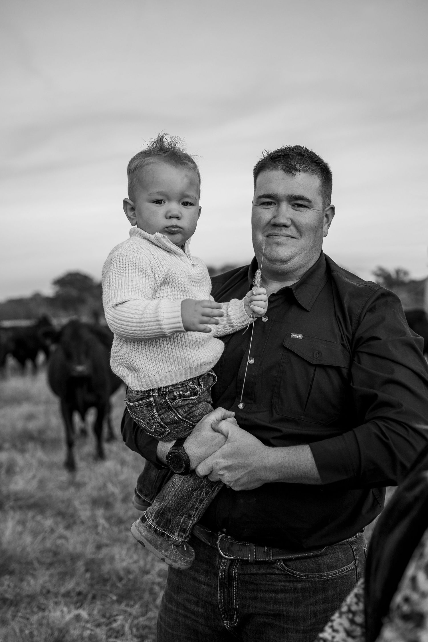 Black and white photo of a smiling man holding a young toddler in a field with cattle in the background.