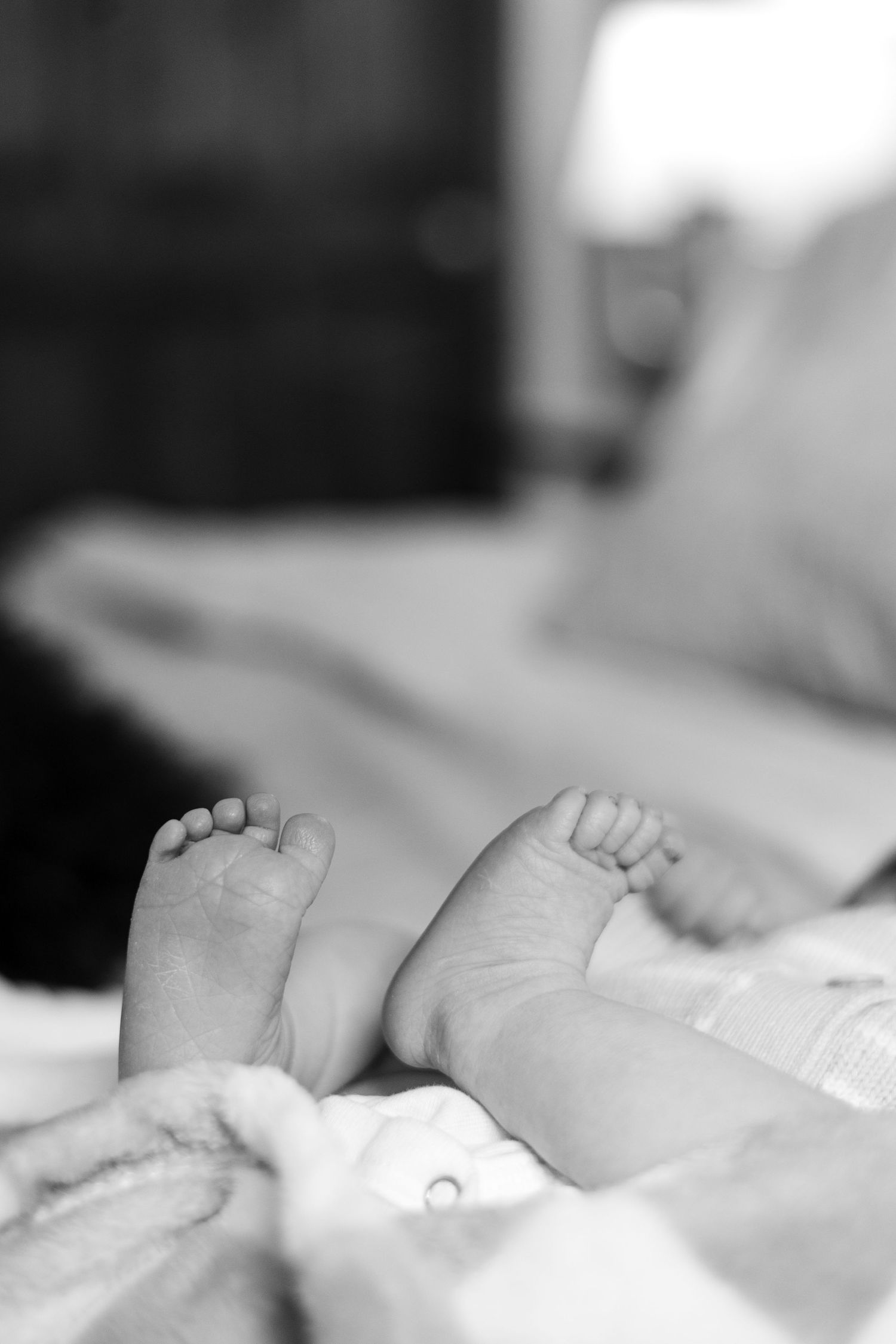 Close-up black and white photo of newborn twin babies tiny feet side by side.