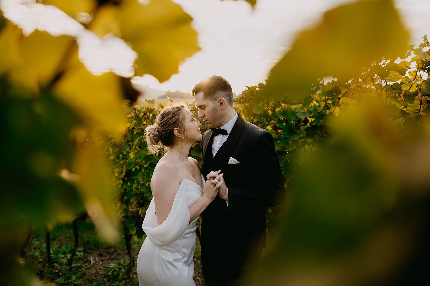 Bride and groom share a tender moment framed by golden vineyard leaves at sunset.