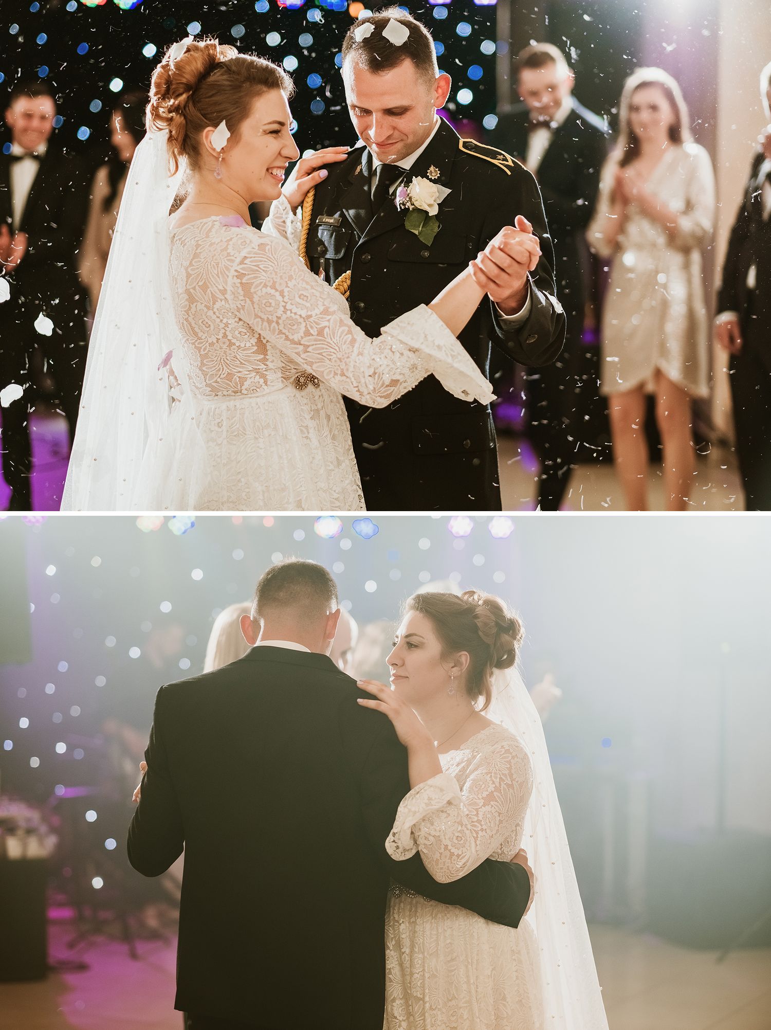 Bride and groom share their first dance at wedding reception, surrounded by guests and sparkling confetti.