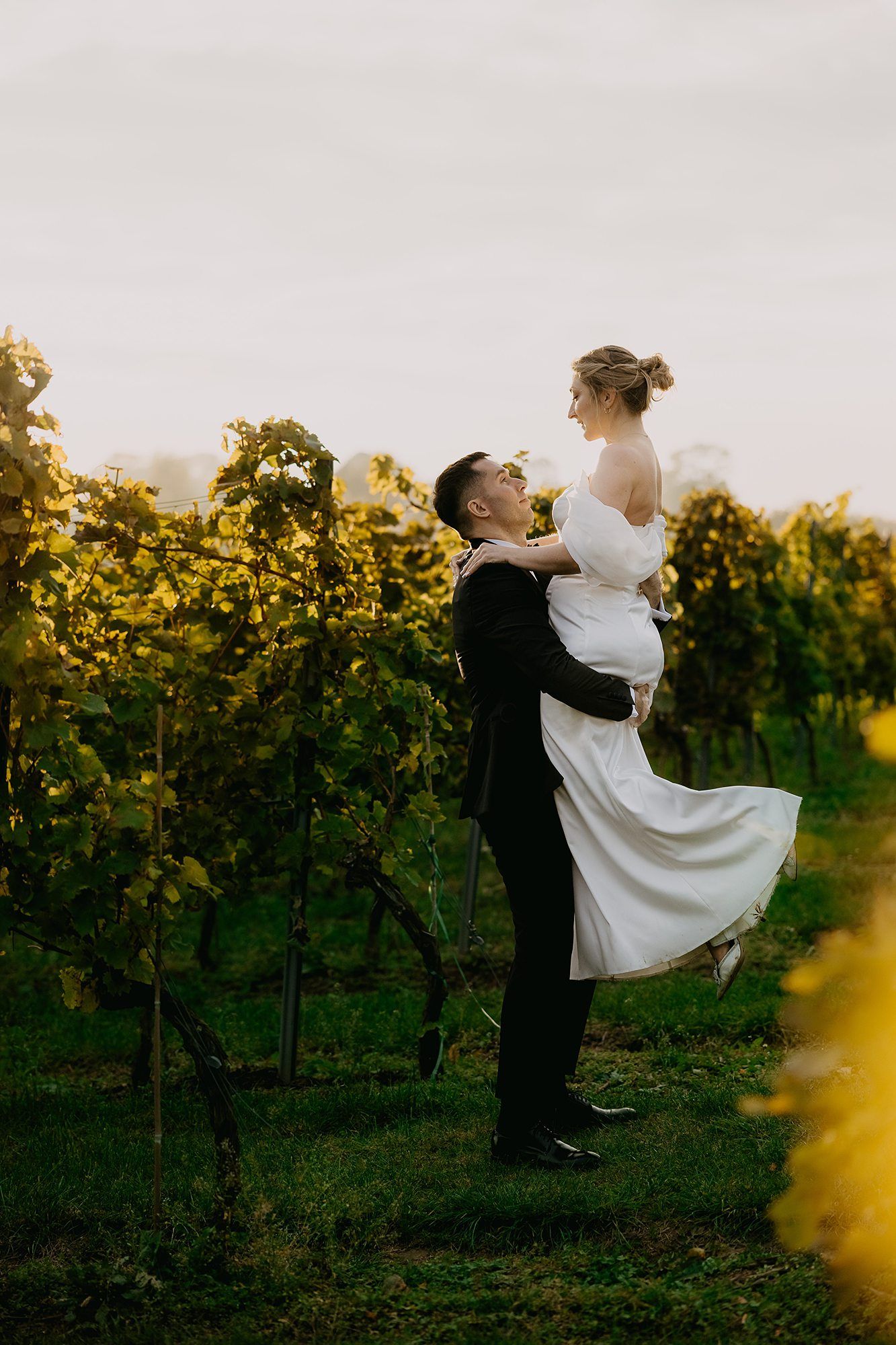 Groom lifting bride joyfully in a golden vineyard at sunset.