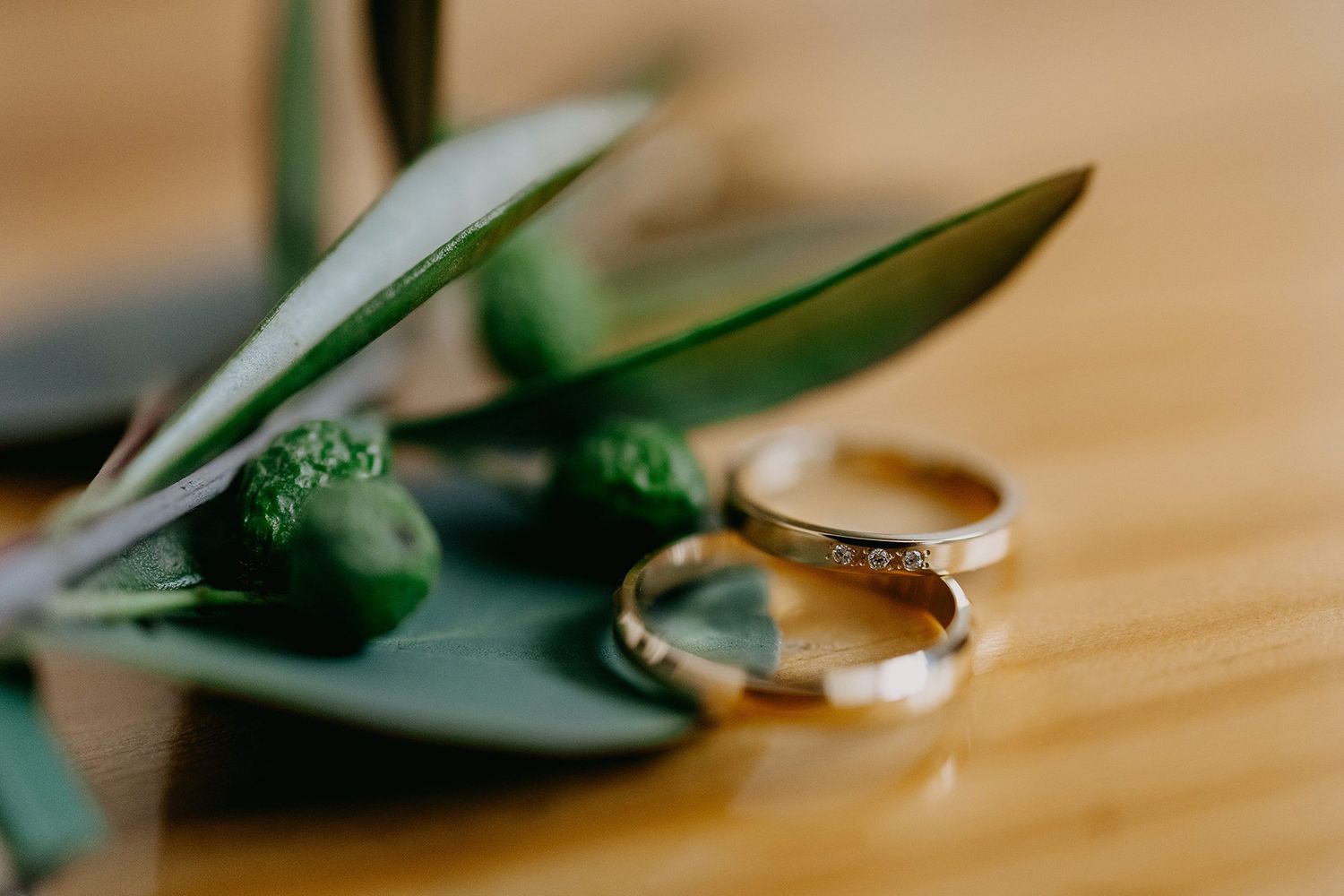 Two gold wedding rings resting on green leaves on wooden surface.