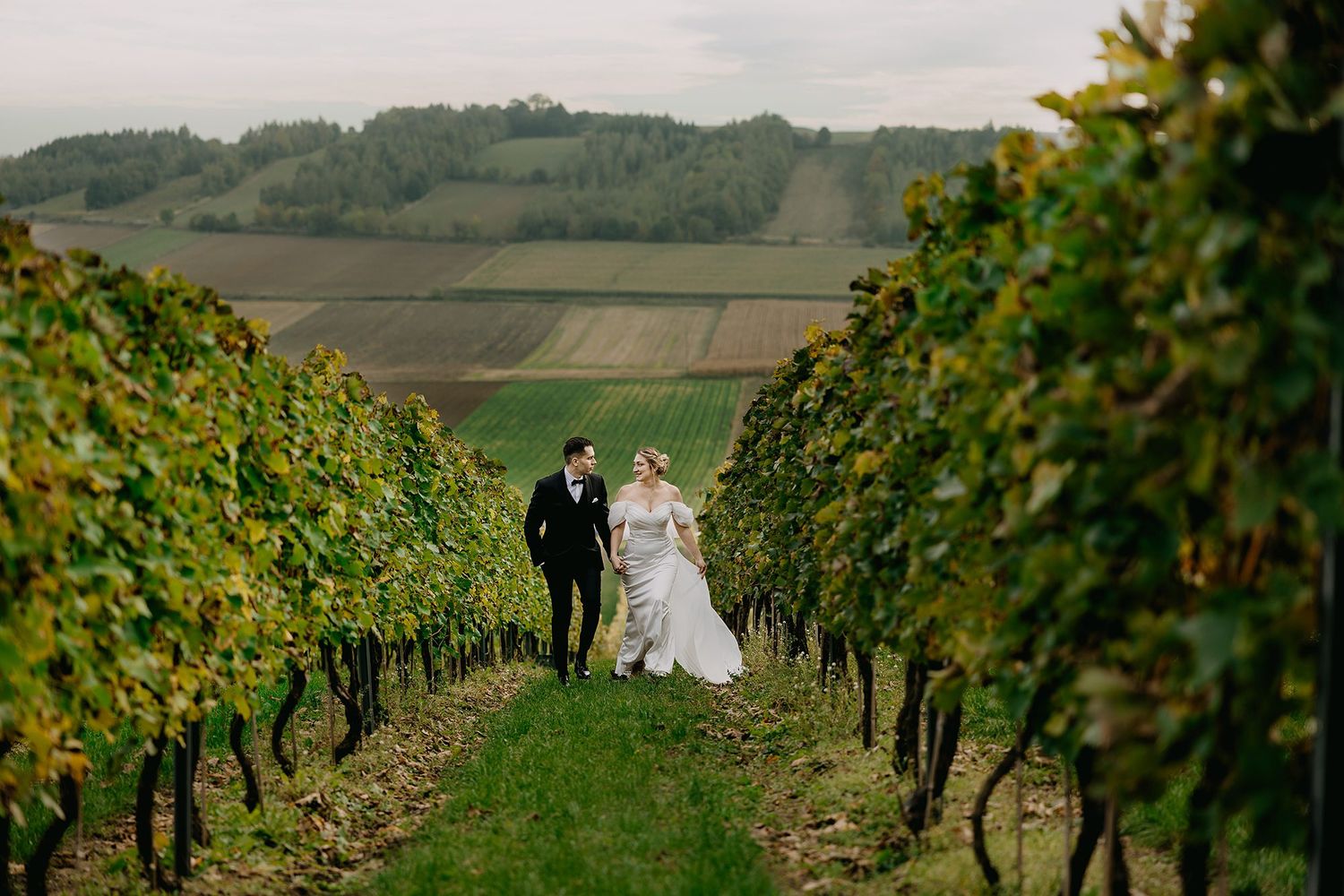 Bride and groom walk hand in hand through a lush vineyard with rolling countryside behind them.