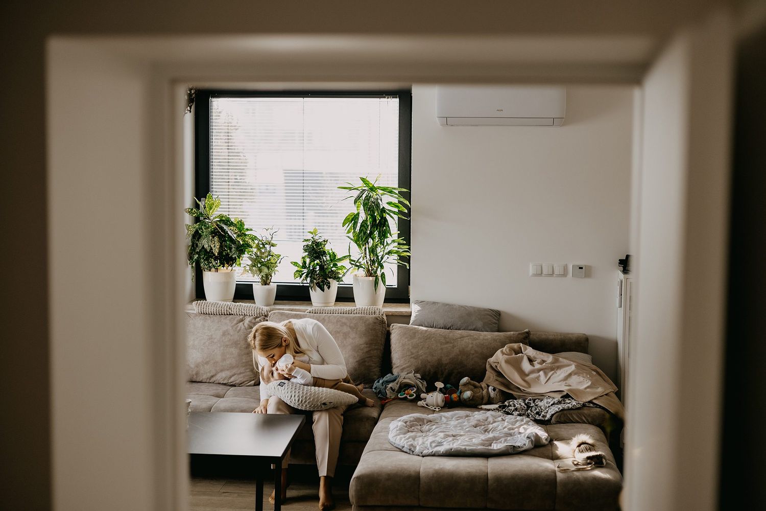 Young child sitting alone on a gray sofa near a window surrounded by green houseplants indoors.