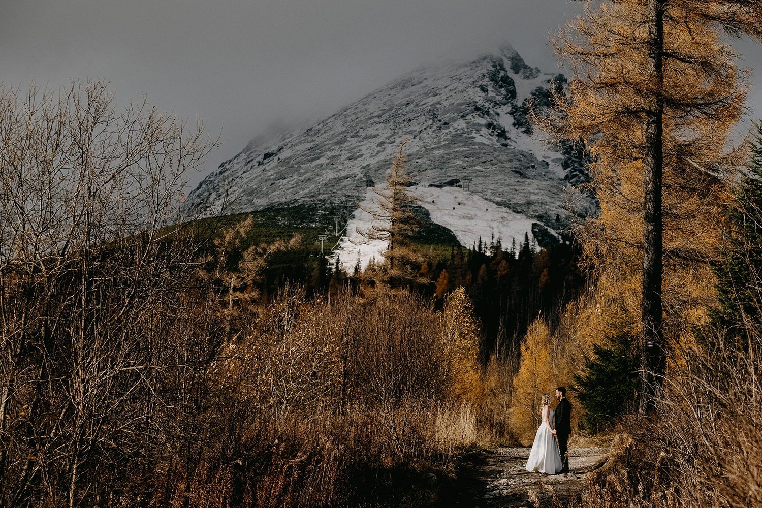 Bride and groom stand on a path surrounded by golden autumn trees and a snow-capped mountain.