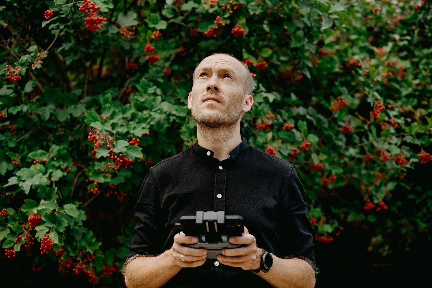 Man holding drone controller standing before lush red berry bushes outdoors.