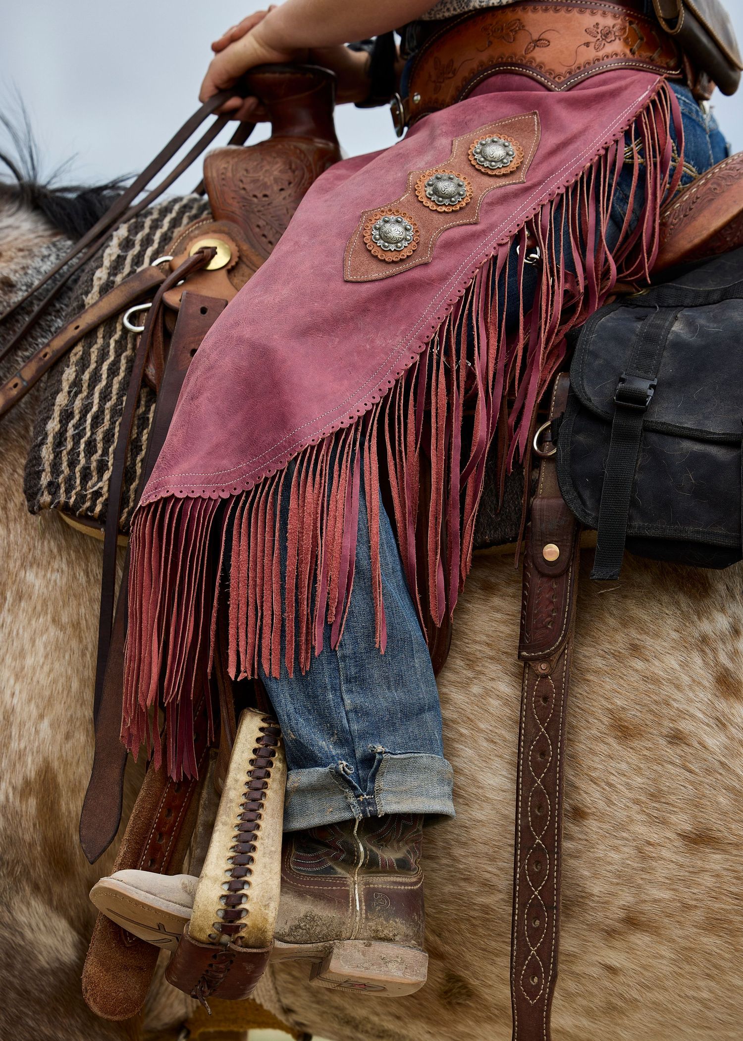 Close-up of pink fringed leather chaps with decorative conchos on a Western horse saddle.