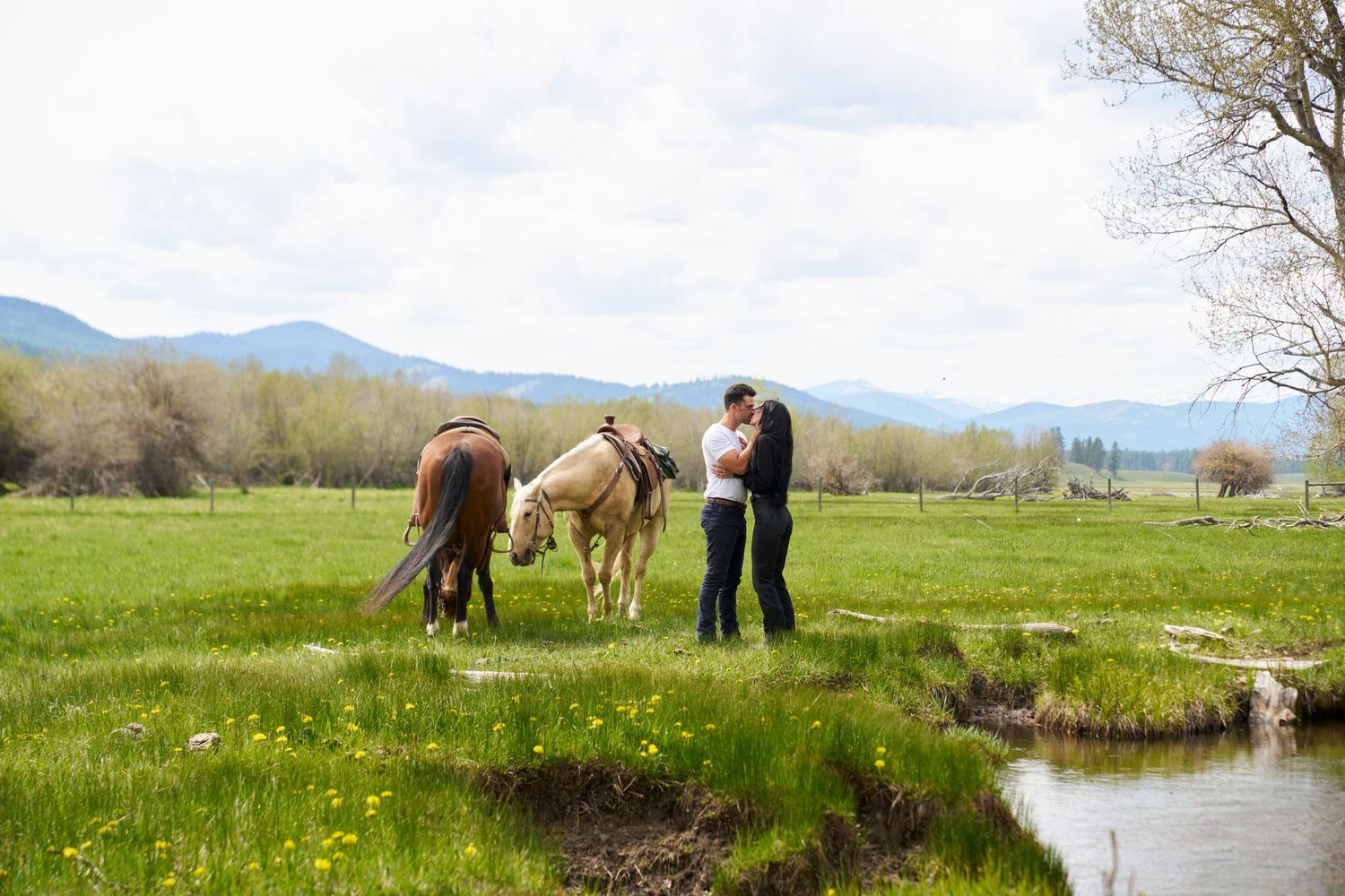 A couple shares a romantic moment beside two horses in a scenic mountain meadow.